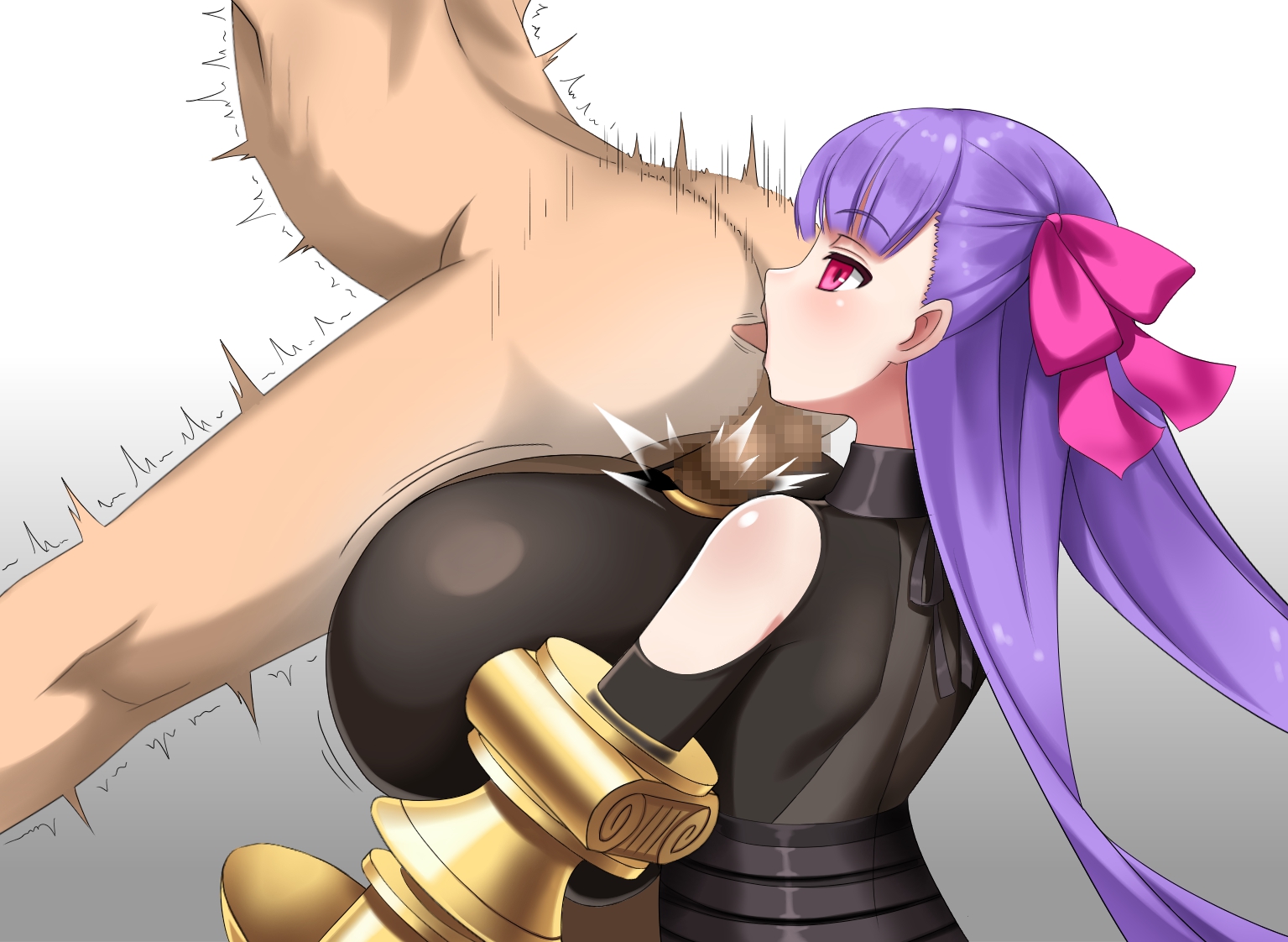 1boy, 1girls, adopolich, anilingus, big breasts, breasts, clothed, clothed female nude male, clothed sex, fate (series), fate/grand order, female, huge breasts, inverted paizuri, male, male anilingus, motion blur, motion lines, oral, oral sex, paizuri, paizuri under clothes, passion lip, purple hair, reverse paizuri, rimjob, rimming, rimzuri, straight, x-ray