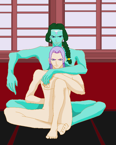 2boys alien artist_request blue_eyes blue_skin dragon_ball dragon_ball_z feet gay green_hair interspecies long_hair male male_only no_nipples nude purple_hair sitting source_request trunks_briefs yaoi zarbon