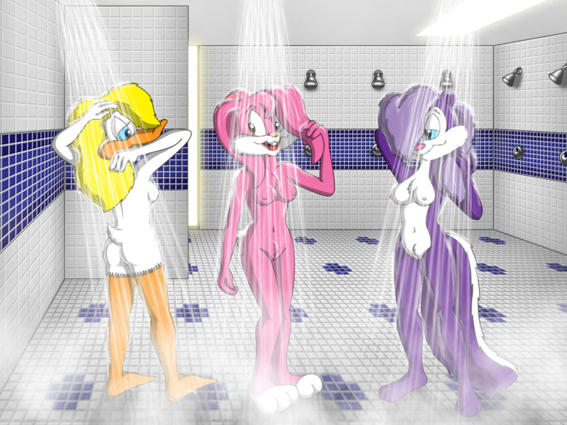 3girls anthro babs_bunny black_hair blonde_hair duck female female_only fifi_la_fume fur furry loon mammal multiple_females nude pink_fur purple_fur rabbit shirley_the_loon shower skunk soft_feathers tiny_toon_adventures uncensored