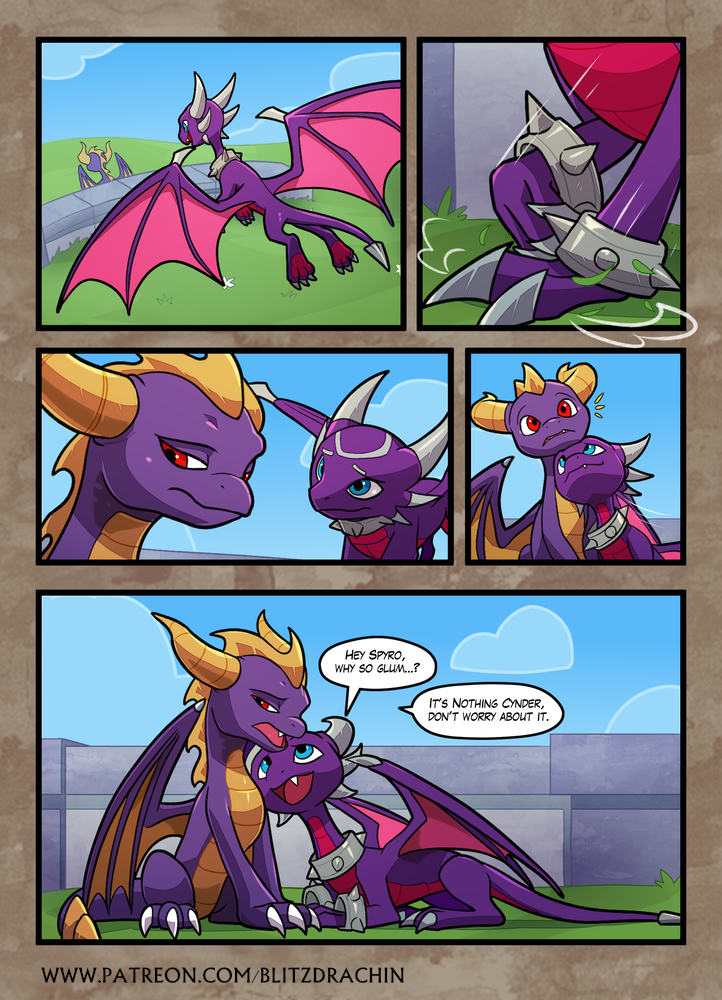 2d blitzdrachin blue_eyes comic cynder dialogue dragon duo female feral grass horns male open_mouth outdoors outside pink_body purple_body red_eyes reptile sky spyro spyro_the_dragon tail teeth tongue two_tone_body wings yellow_body