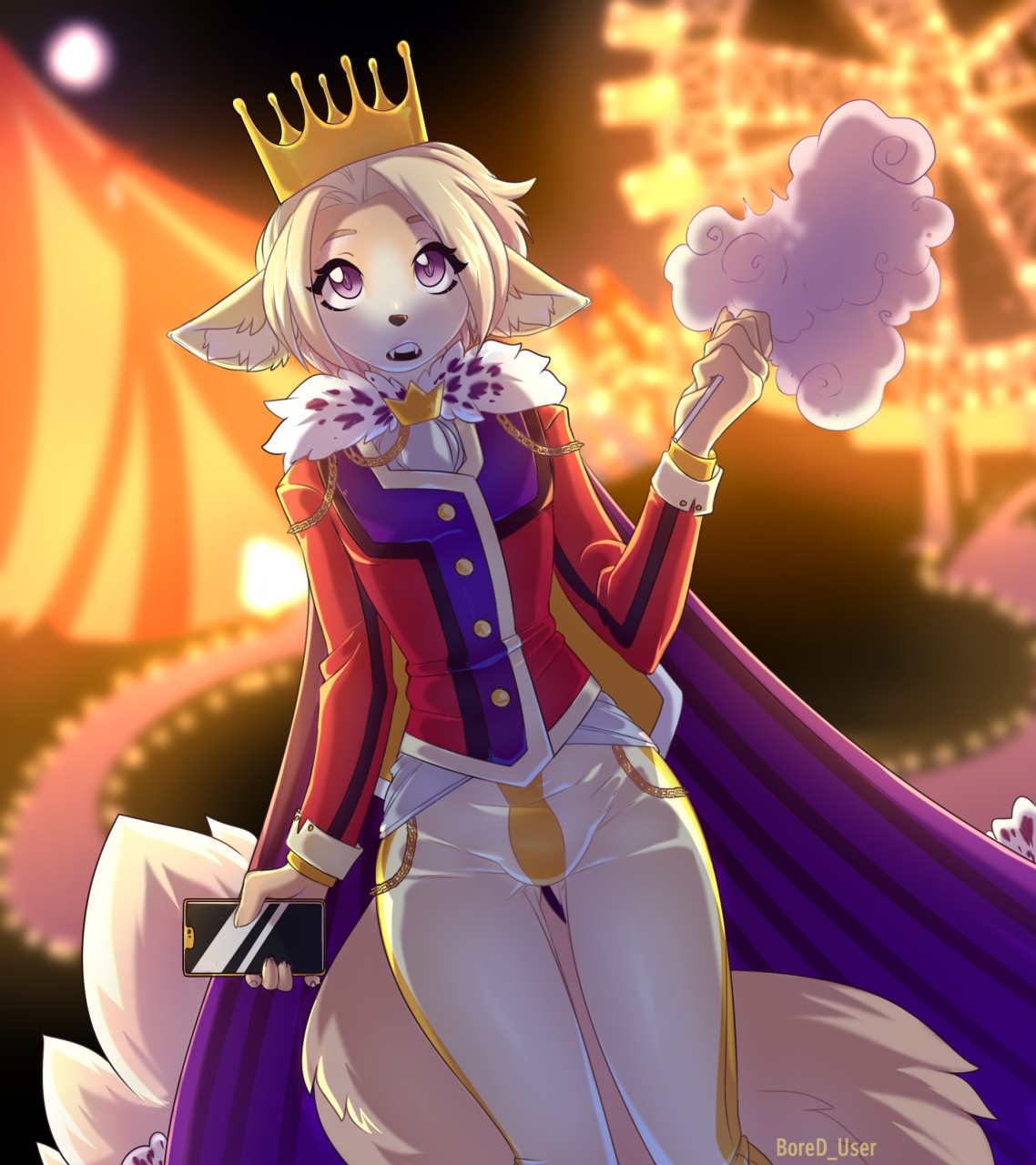 amusement_park amusement_ride anthro artist_name blonde_hair bored_user bulge candy canid canine cellphone clothed clothing cotton_candy crown dessert dress_shirt femboy ferris_wheel food fox girly hair hi_res lil-maj looking_at_viewer male mammal night phone prince_rigel purple_eyes robe royalty shirt solo standing tight_clothing topwear