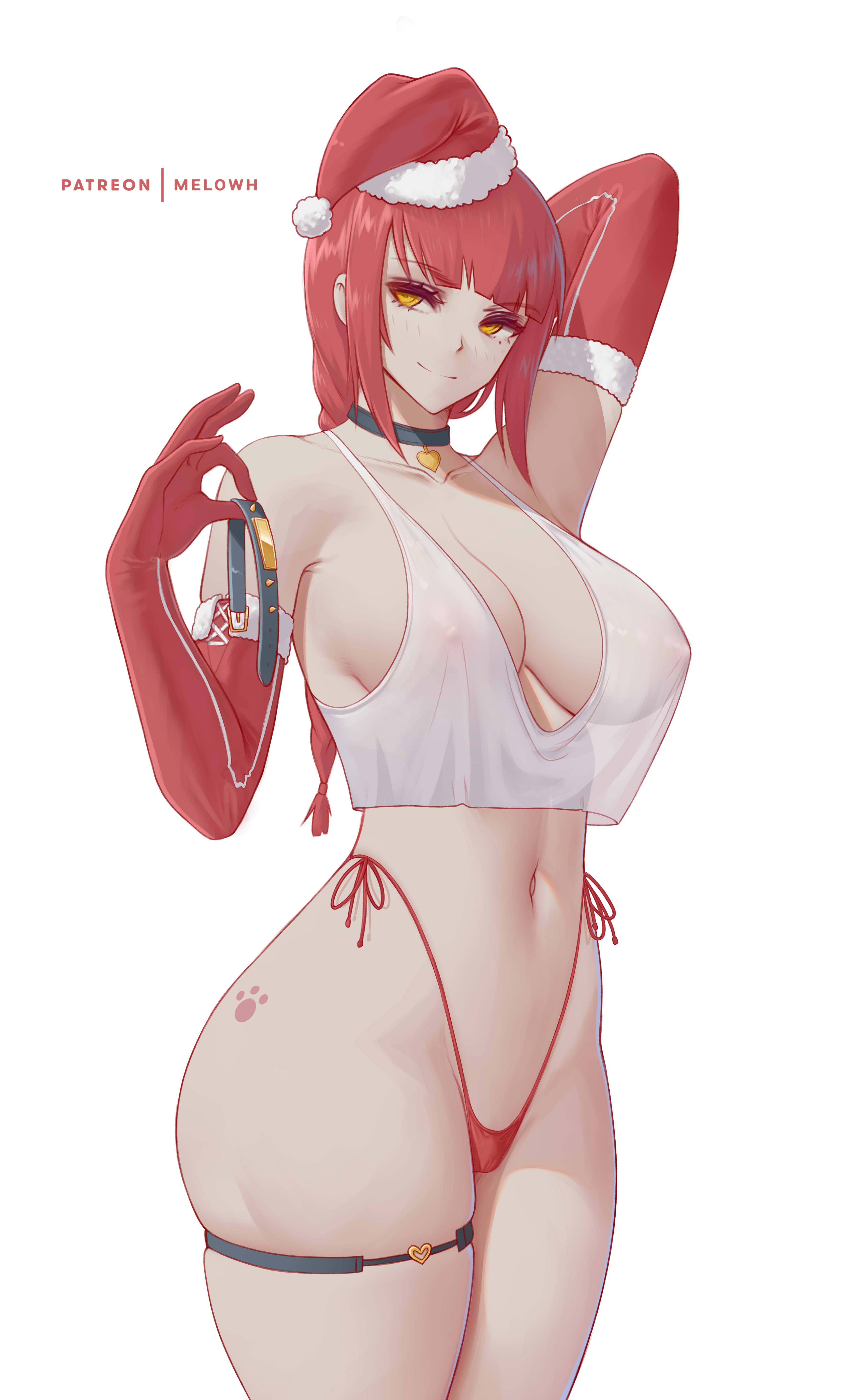 1girls, breasts, chainsaw man, christmas, female, female only, hat, high waisted thong, large breasts, light skin, light-skinned female, long hair, makima (chainsaw man), melowh, nipples visible through clothing, pale skin, panties, red hair, santa hat, see-through, see-through clothing, slim waist, tank top, thick thighs, wide hips