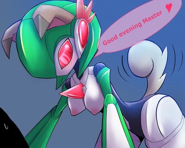 anon bedroom_eyes blue_background dialogue female female_focus female_only gardevoir green_hair heart human_on_pokemon nintendo nude paradox_pokemon pink_eyes pink_nipples pokémon_(species) pokemon pokemon_(species) pokemon_sv robot robot_gardevoir robot_girl robot_humanoid rockruff rockruff_(cosplay) small_breasts text text_bubble zerokun135