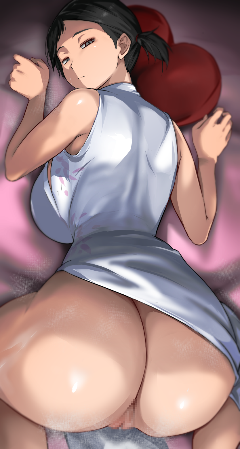 ass atlus back bangs bare_shoulders black_hair breasts cafekun censored china_dress chinese_clothes devil_survivor devil_survivor_2 dress female grey_eyes highres kanno_fumi large_breasts looking_at_viewer looking_back lying megami_tensei mosaic_censoring no_panties on_stomach pussy shin_megami_tensei short_hair short_ponytail solo thighs white_dress