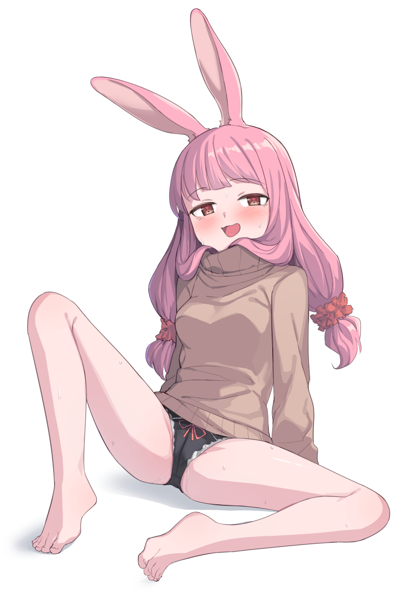 :d animal_ears bare_legs barefoot black_panties breasts brown_eyes brown_sweater feet female full_body hair_ornament hair_scrunchie heart heart-shaped_pupils highres light_blush long_hair long_sleeves medium_breasts naughty_face no_pants open_mouth original panties pink_hair pussy_juice rabbit_ears rabbit_girl red_scrunchie saiste scrunchie simple_background sitting smile solo spread_legs sweater symbol-shaped_pupils toes turtleneck turtleneck_sweater underwear white_background