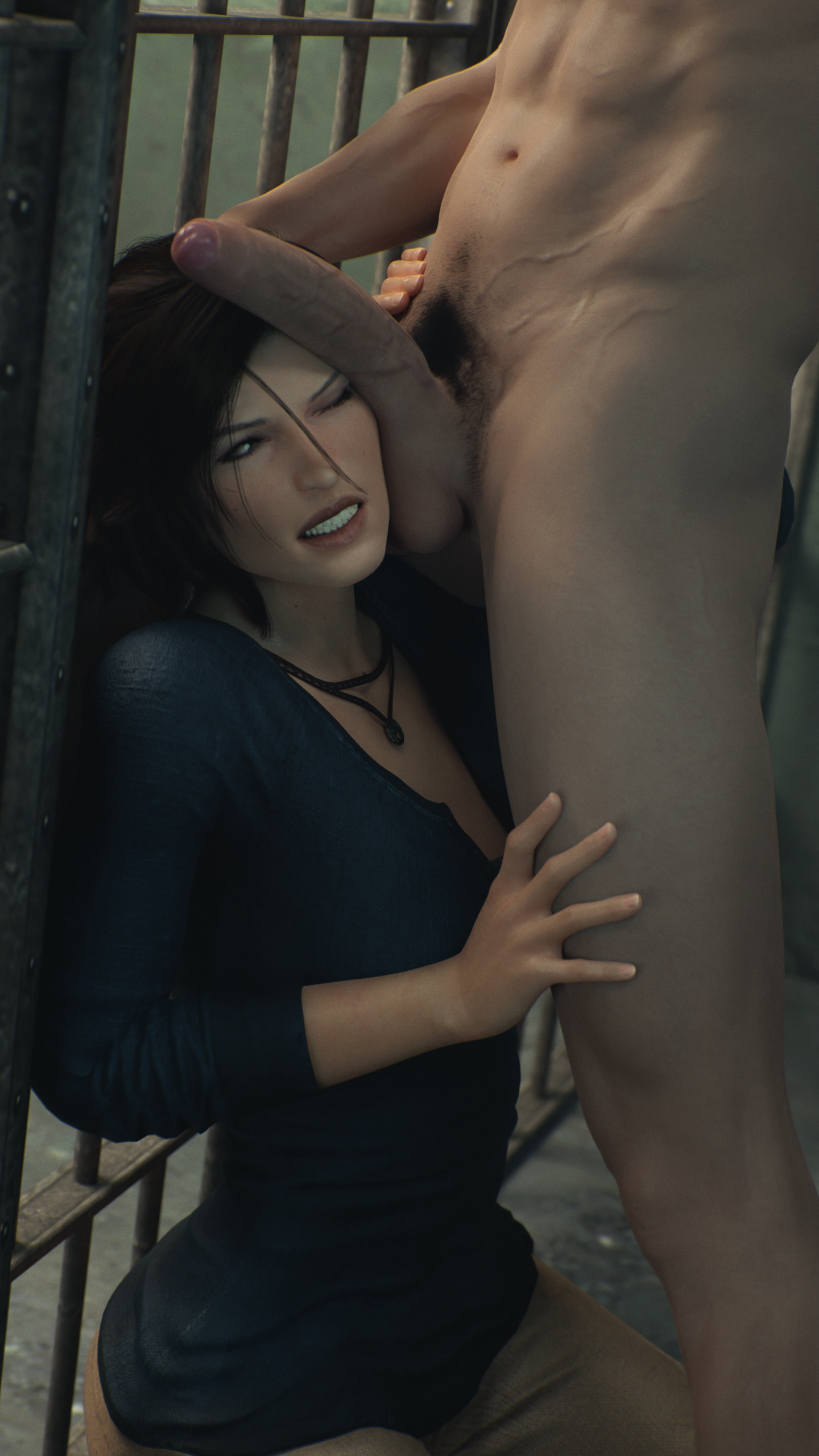 1boy, 1girls, 3d, 3d (artwork), 9:16, balls, blender, blender (software), british, british female, brown eyes, brown hair, brunette, clothed, clothed female nude male, clothing, european, european female, female, female focus, female/male, foreskin, huge cock, jail, jail cell, lara croft, lara croft (survivor), large penis, leeterr, light skin, light-skinned male, lips, long hair, looking at another, male, male/female, manhandling, navel, necklace, nude, nude male, one eye closed, penis, penis awe, penis on face, ponytail, tank top, teeth, teeth showing, testicles, tied hair, tomb raider, tomb raider (survivor), uncircumcised, uncut, vein, veins, veiny, veiny penis