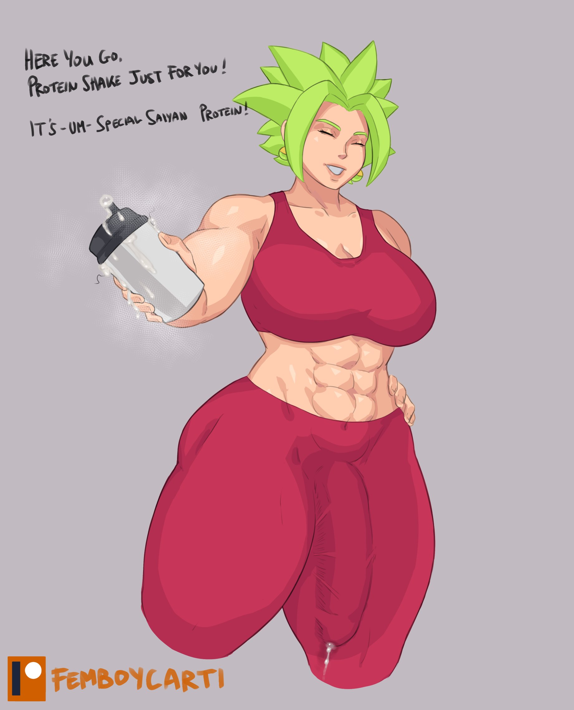 1futa, 2022, big breasts, big penis, breasts, bulge, clothed, clothing, cum drip, dialogue, dragon ball, dragon ball super, english text, femboycarti, flaccid, flaccid penis, fully clothed, futa only, futanari, green hair, human, intersex, kefla, legendary super saiyan, light skin, light-skinned futa, muscular, muscular futa, penis, precum, super saiyan, super saiyan 2, tagme, text