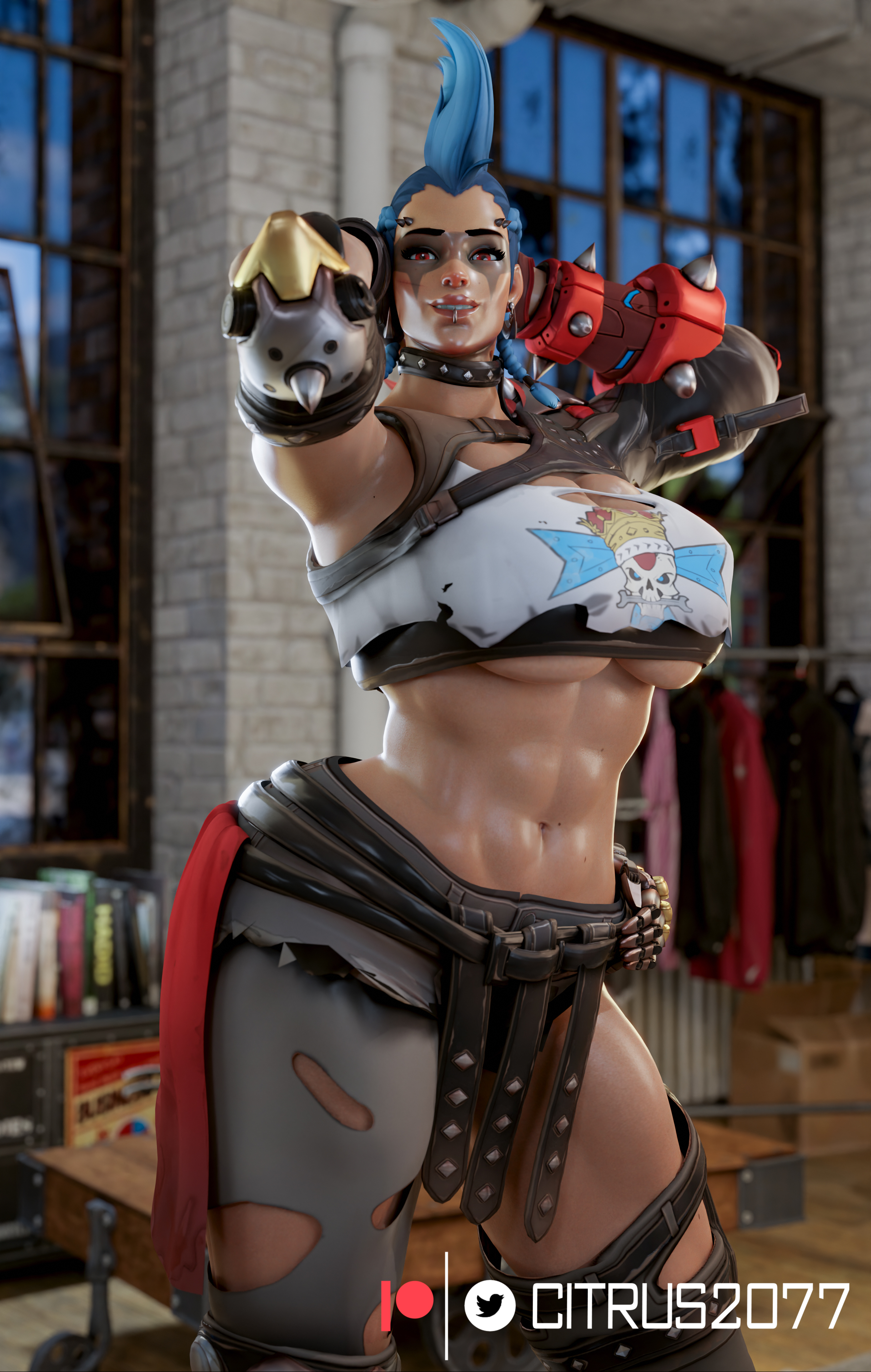 1girls, 3d, artist name, black nails, blizzard entertainment, blue hair, braided hair, breasts, citrus2077, earrings, fauxhawk (hairstyle), female, female only, fingerless gloves, fit, fit female, human, junker queen, large breasts, looking at viewer, muscular, muscular female, no visible genitalia, odessa stone, overwatch, overwatch 2, piercing, pose, posing, red eyes, solo, toned, toned female, torn clothes