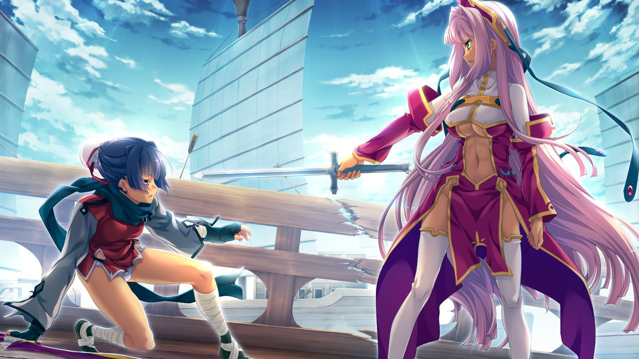 2girls big_breasts chinese_girl chinese_girls female female_only game_cg kannei_kouha koihime†_(series) koihime_musou long_hair pink_hair small_breasts sonken_chuubou_(koihime_musou) sword violet_hair