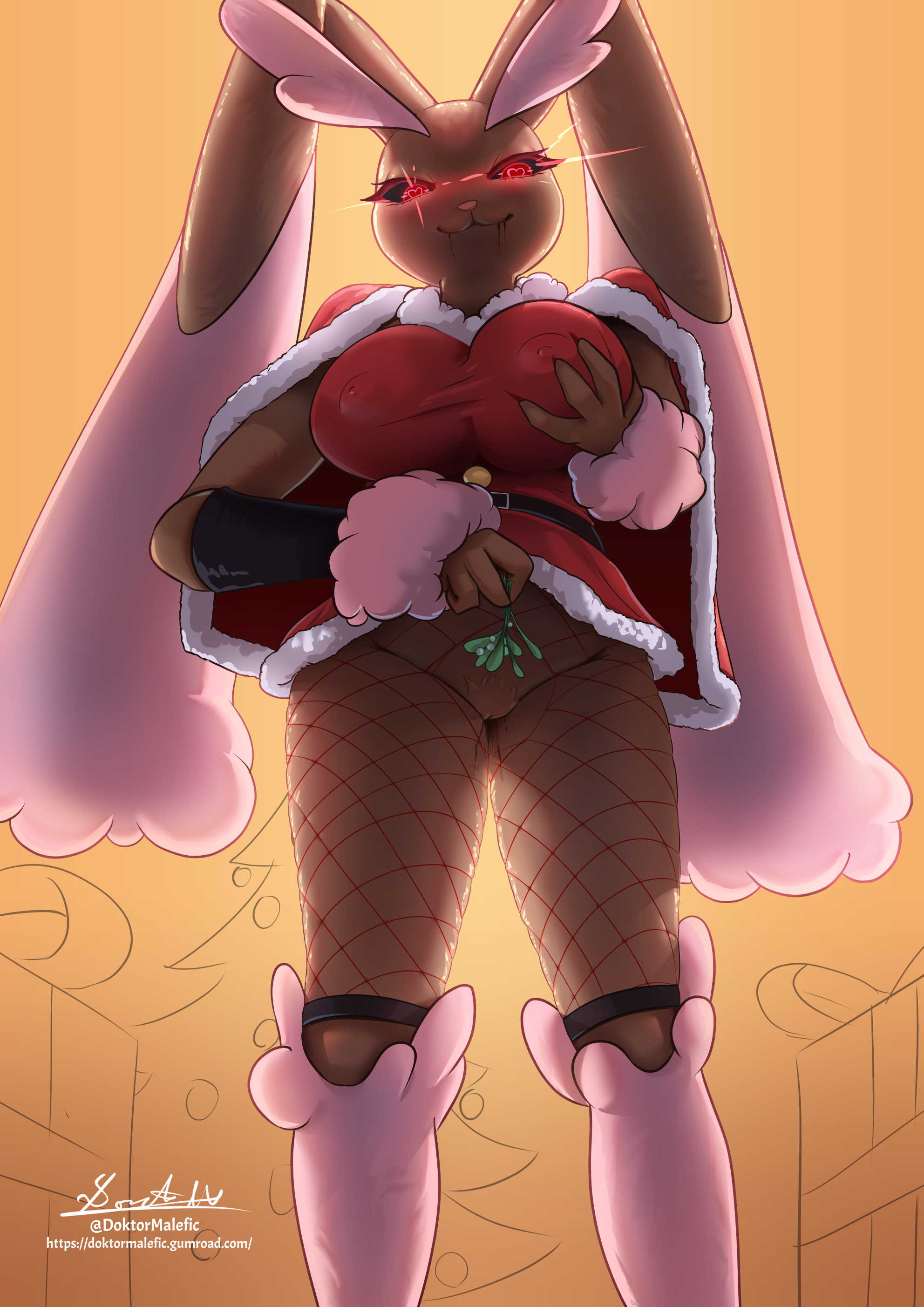 1girls, anthro, big breasts, breasts, bunny ears, bunny girl, christmas, color, colored, covered breasts, doktor malefic, dripping, exposed pussy, female, female only, fishnet, fishnet legwear, fishnet stockings, fishnets, full body, glowing, glowing eyes, heart, heart eyes, heart-shaped pupils, in heat, lingerie, looking at viewer, looking pleasured, lopunny, mistletoe, pokémon (species), pokemon, pokemon (species), pussy, shiny lopunny, shiny pokemon, skirt, skirt lift, thick thighs