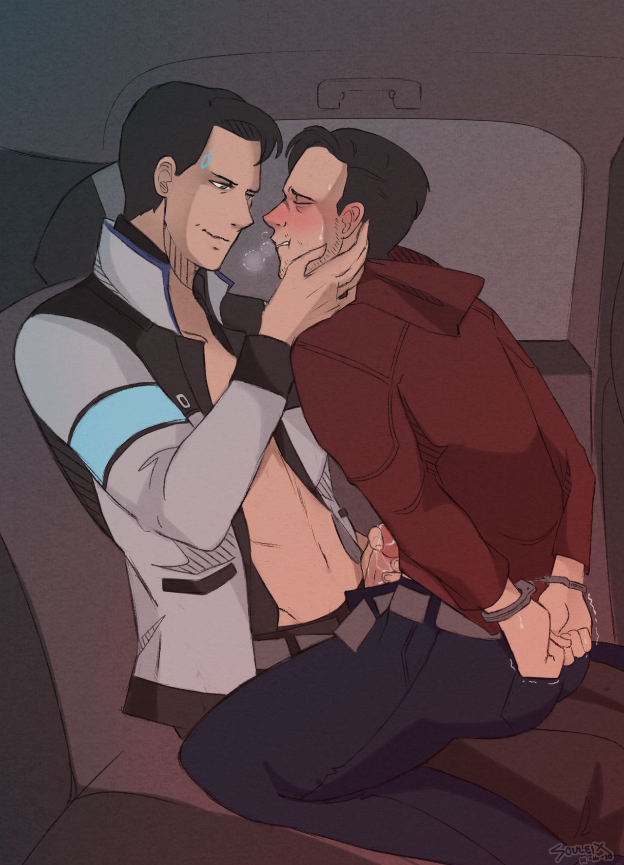 2020, 2boys, blue eyes, blush, breath, car, closed eyes, closed mouth, clothed, detroit: become human, dick, gavin reed, gay, handcuffs, male, penis, rk900, sex, smile, yaoi