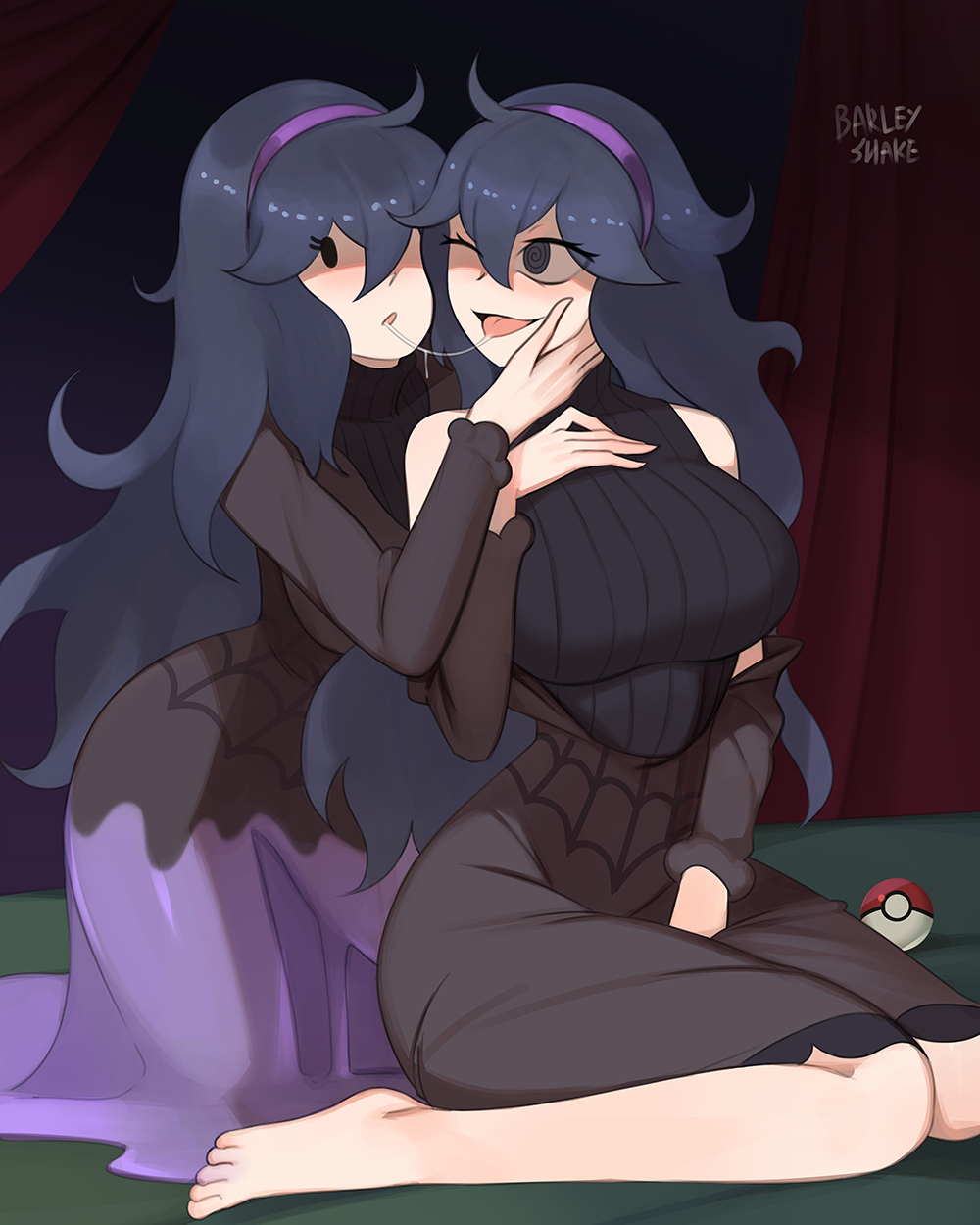 barleyshake clone ditto ditto_(pokémon) dot_eyes hex_maniac kissing pokemon pokemon_(species) pokephilia saliva saliva_trail yuri