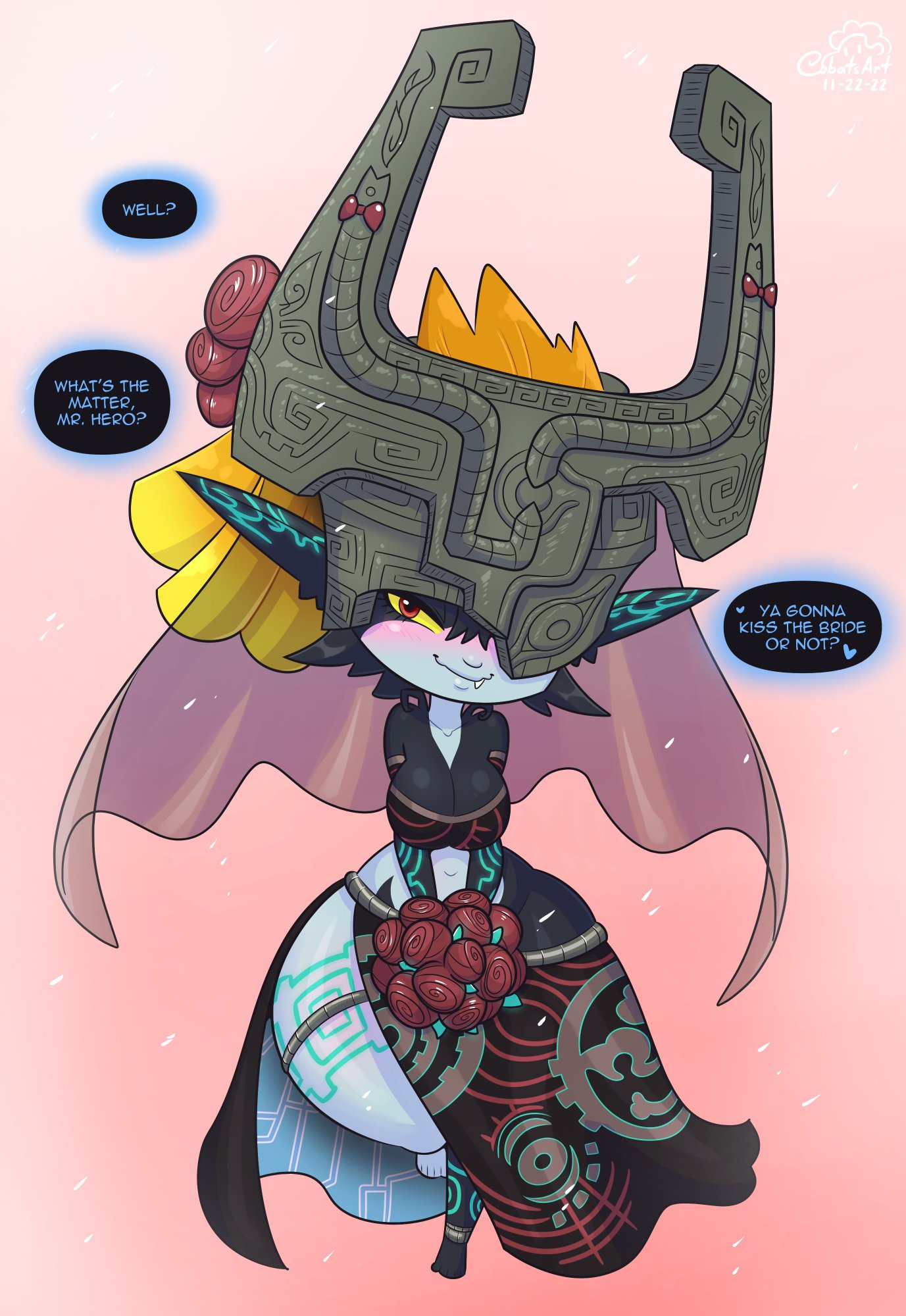 1girls, blush, bouquet, bride, cobatsart, cute fang, dialogue, english text, female, female only, flowers, helmet, hi res, imp, imp midna, looking at viewer, midna, narrowed eyes, nintendo, oerba yun fang, pointy ears, red eyes, shortstack, solo, speech bubble, talking to viewer, the legend of zelda, thick thighs, twilight princess, veil, wedding dress, wedding veil, wholesome, wide hips, yellow hair, yellow sclera