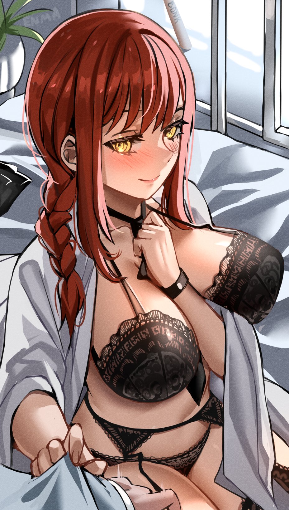 blush, breasts, chainsaw man, female, large breasts, makima (chainsaw man), red hair, shirt, unbuttoned shirt