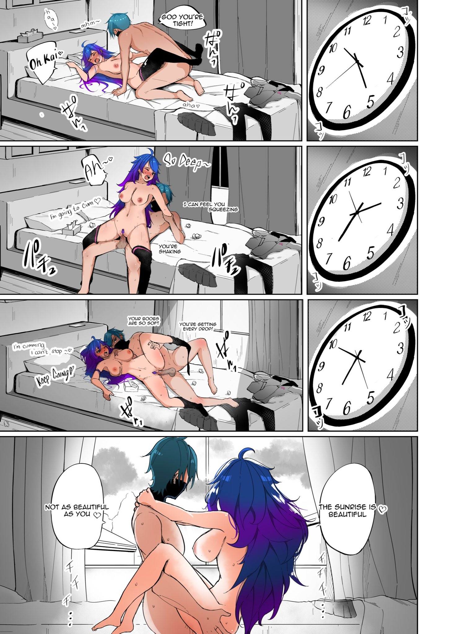 1boy, 1girls, areolae, bed, bedroom, big breasts, blue hair, blush, breast grab, breasts, carrying, carrying partner, clock, closed eyes, comic, dialogue, english text, female, female on top, female penetrated, female pubic hair, indie virtual youtuber, indoors, jinchiiichaaan, light skin, light-skinned female, light-skinned male, lying, lying on back, lying on side, male, male penetrating, male/female, marathon sex, masked male, missionary position, motion lines, multicolored hair, multiple positions, nipples, on back, on bed, on side, one eye closed, open mouth, panels, penetration, penis, penis in pussy, pillow, pillow grab, pubic hair, purple hair, pussy, raku (vtuber), reverse cowgirl position, sex, short hair, speech bubble, stand and carry position, standing sex, straight, tagme, text, thighhighs, time lapse, tissue box, upper teeth, vagina, vaginal penetration, vaginal sex, virtual youtuber, wholesome