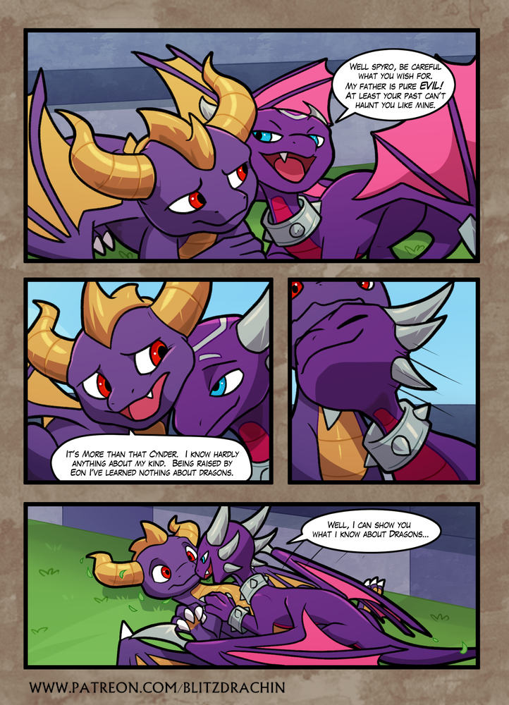 2d blitzdrachin blue_eyes comic cynder dialogue dragon duo female feral grass horns male open_mouth outdoors outside pink_body purple_body red_eyes reptile sky spyro spyro_the_dragon tail teeth tongue two_tone_body wings yellow_body