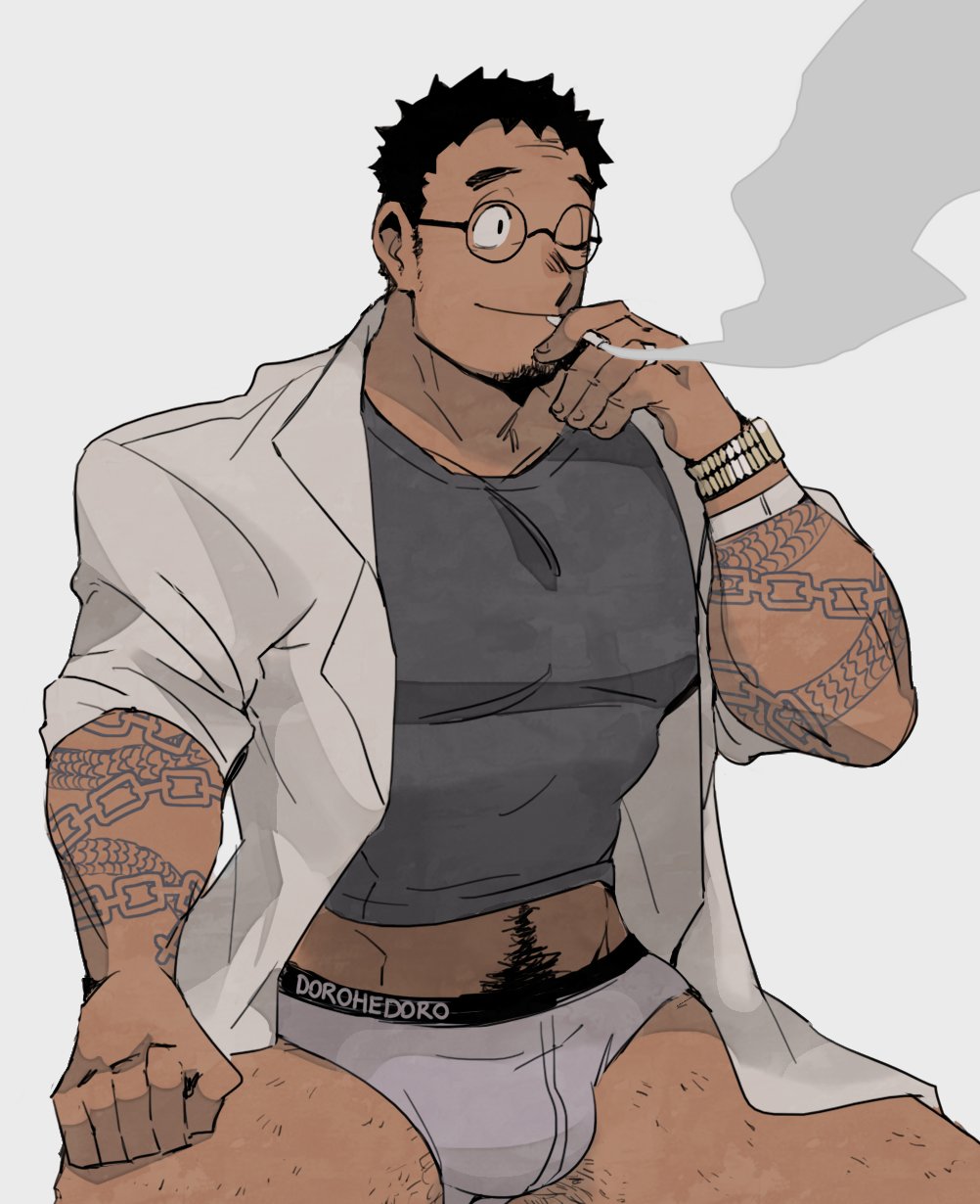 balls bara bara_tits big_pecs bulge cigarette dorohedoro facial_hair glasses hokawazu kasukabe_(dorohedoro) male male_only muscles muscular penis solo solo_male tattoo underwear