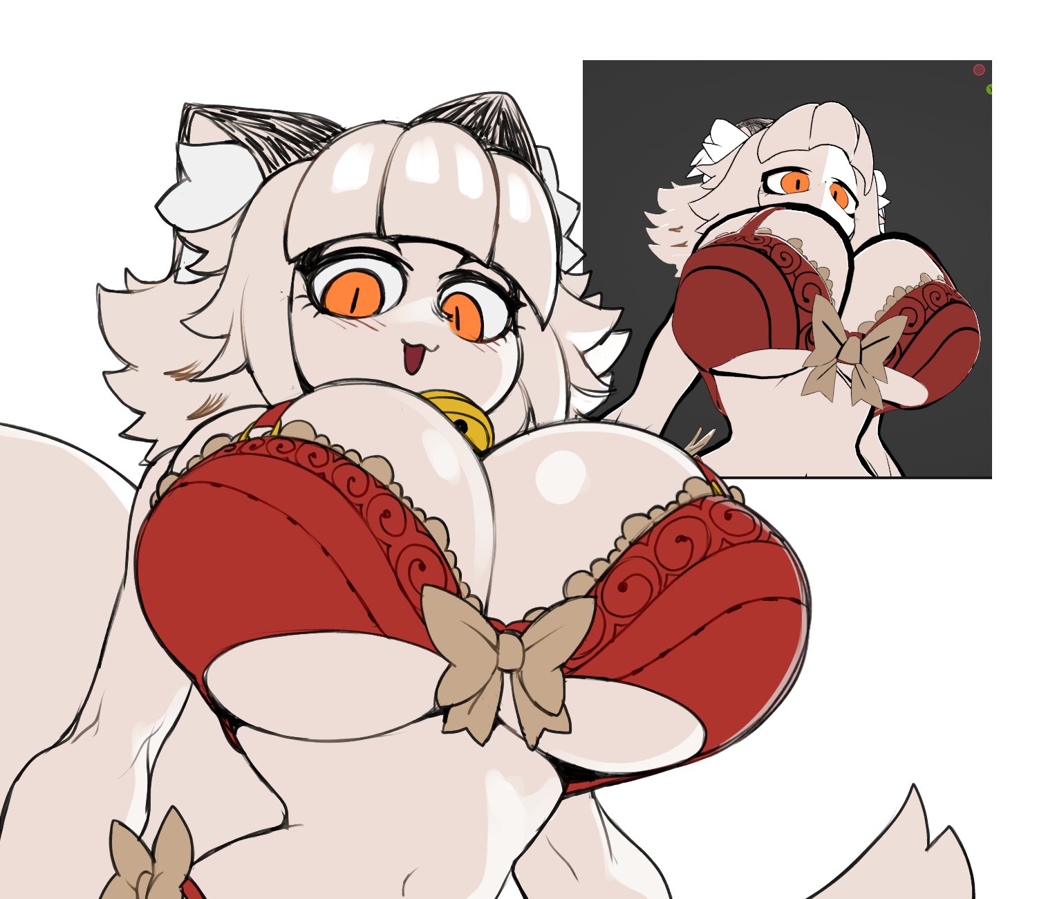 anthro, big breasts, breasts, cat ears, cat girl, catgirl, catmaid (dizzyspells), dizzyspells, female, lingerie, red lingerie, white fur, white skin