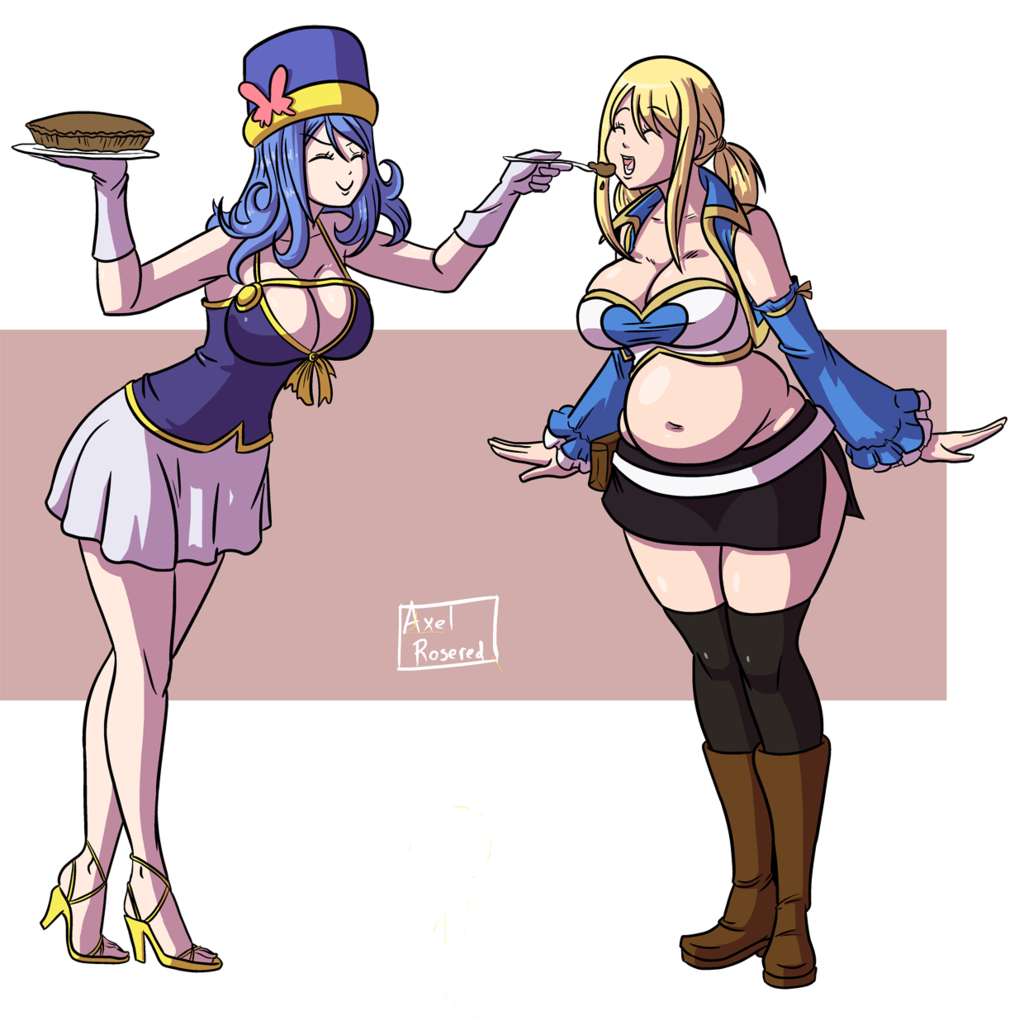 2girls artist_name axel-rosered big_belly blonde_hair breasts butt cake chubby chubby_female cleavage closed_eyes eating eating_food eating_pie fairy_tail fat fat_female fat_fetish fat_girl fat_woman female female_only gloves hat huge_butt juvia_lockser large_breasts larger_female long_hair lucy_heartfilia multiple_girls navel overweight overweight_female pie smile smiling teeth tongue twintails weight_gain white_gloves