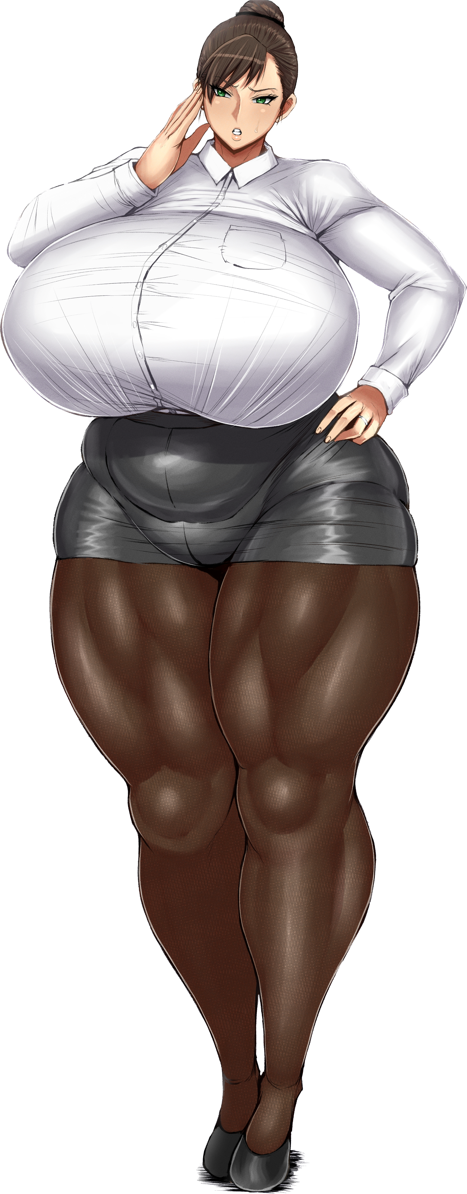 breasts, brown hair, calves, female, full body, gigantic breasts, green eyes, milf, mother, muscle tone, muscles, muscular, muscular thighs, original, original character, pantyhose, ponkotsuu, skirt, thick thighs, venus body, yukiko (ponkotsuu)