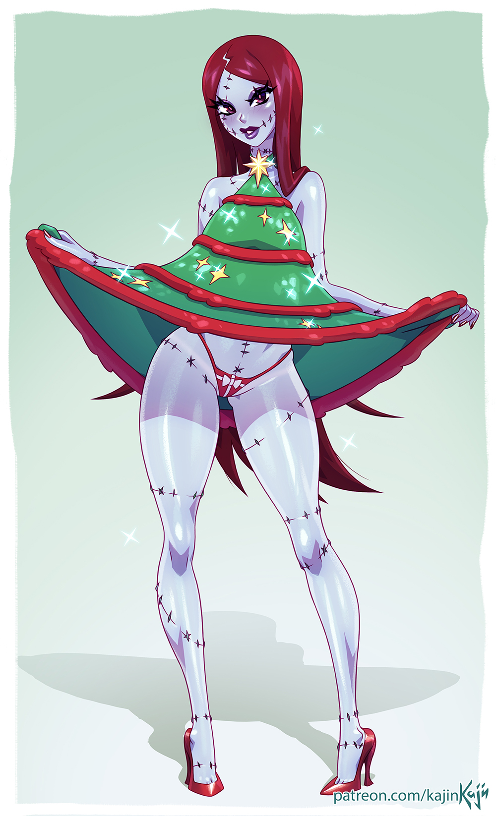 1girls, bare shoulders, blue skin, blue-skinned female, blush, dress, dress lift, female, female only, hi res, high heels, kajinman, lifting skirt, nightmare before christmas, pale skin, pale-skinned female, panties, purple eyes, purple lipstick, red hair, sally (the nightmare before christmas), skirt lift, solo, standing, stitches, string panties, thighs, very long hair