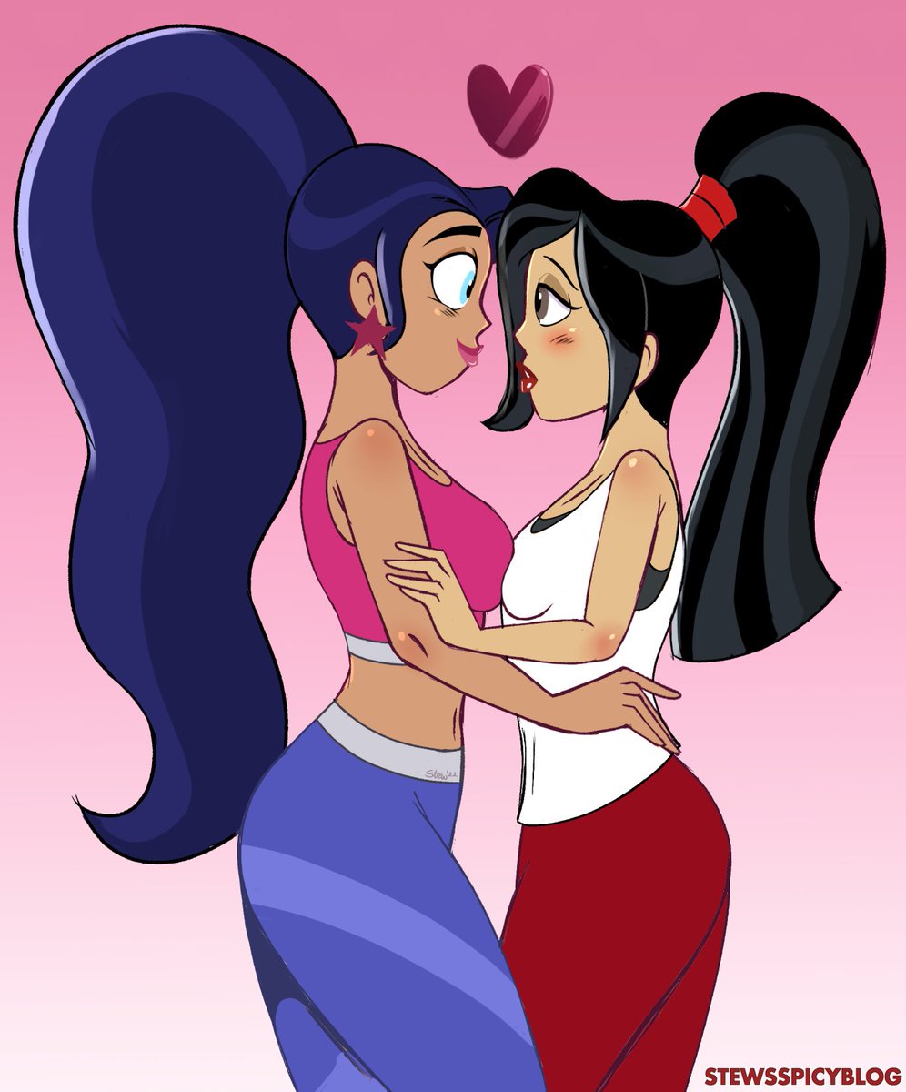 2girls big_breasts black_hair blue_eyes blush brown_eyes dark-skinned_female dc_comics dc_super_hero_girls diana_prince diana_prince_(shg) facing_each_other female female_only heart interracial interracial_yuri leggings light-skinned_female ponytail side_view stewsspicyblog tatsu_yamashiro tatsu_yamashiro_(shg) tied_hair wonder_woman wonder_woman_(series) workout_clothes yoga_pants yuri