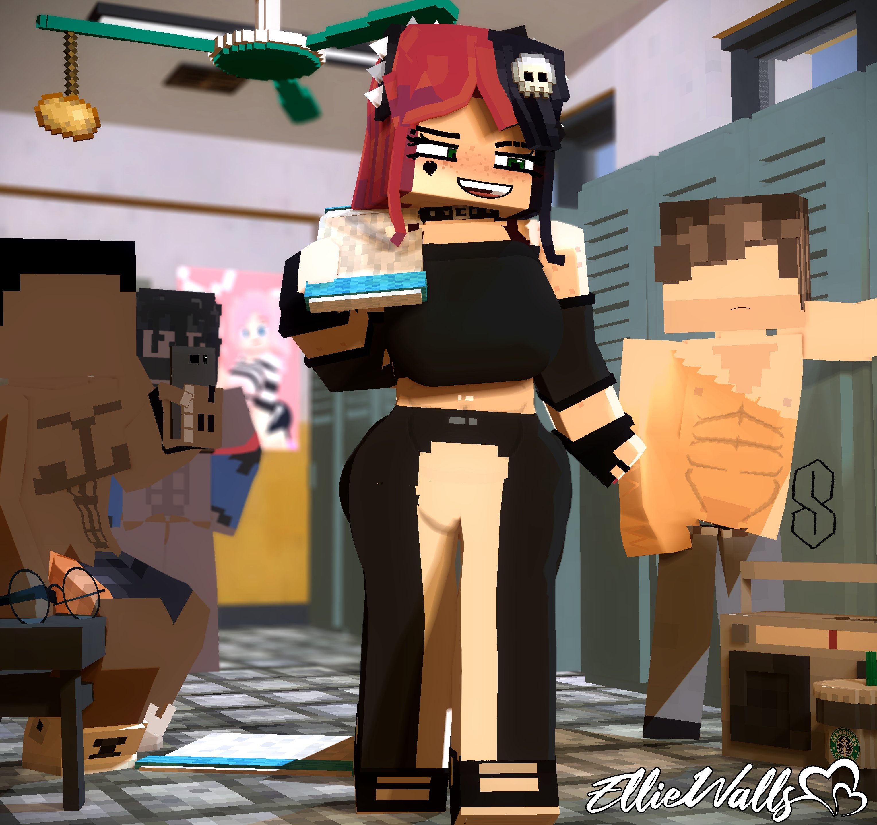 1girls, 3d, abs, ass, big ass, big breasts, breasts, cellphone, choker, clothing, dark skin, dark-skinned male, ellie walls (odysseyellie), face tattoo, female, female focus, glasses, goth, goth girl, heart tattoo, indoors, light skin, light-skinned female, light-skinned male, locker room, male, mine-imator, minecraft, multiple boys, multiple males, odysseyellie, phone, skull hair ornament, spiked hairband, tattoo, thick thighs, towel, two-tone hair, wide hips, workout clothes