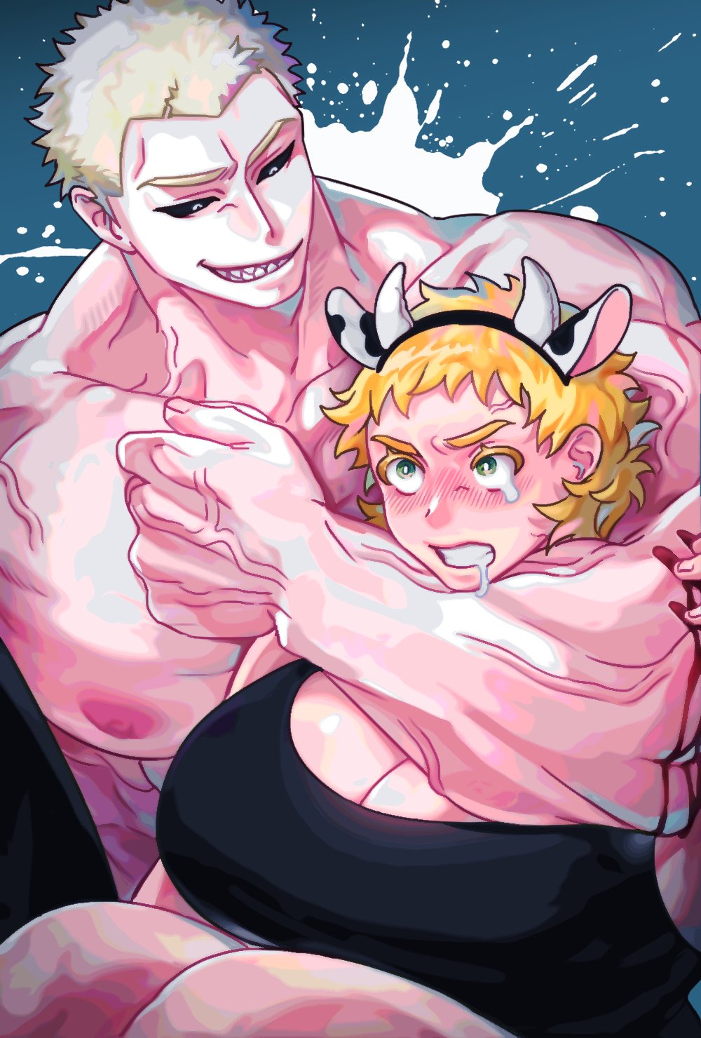 1boy 1girls angry asphyxiation big_breasts black_sclera blonde_hair blood blush choke_hold cleavage clenched_teeth cow_ears cow_horns drooling fake_animal_ears female genderswap_(mtf) green_eyes grin hairband headlock huge_breasts kengan_(series) kengan_ashura kure_raian looking_at_another male muscular_male rihito rule_63 sharp_teeth short_hair smile tears thehounds topless_male veiny_muscles