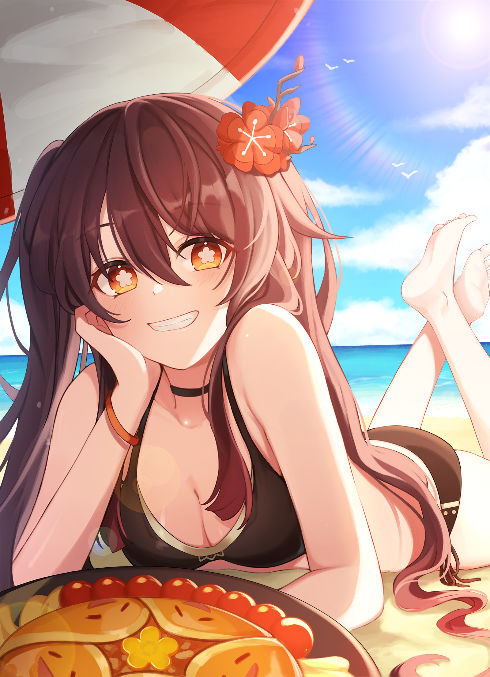1girls, beach, bikini, female, female only, genshin impact, hu tao (genshin impact), laying down, pixiv, smile, smiling, unknown artist