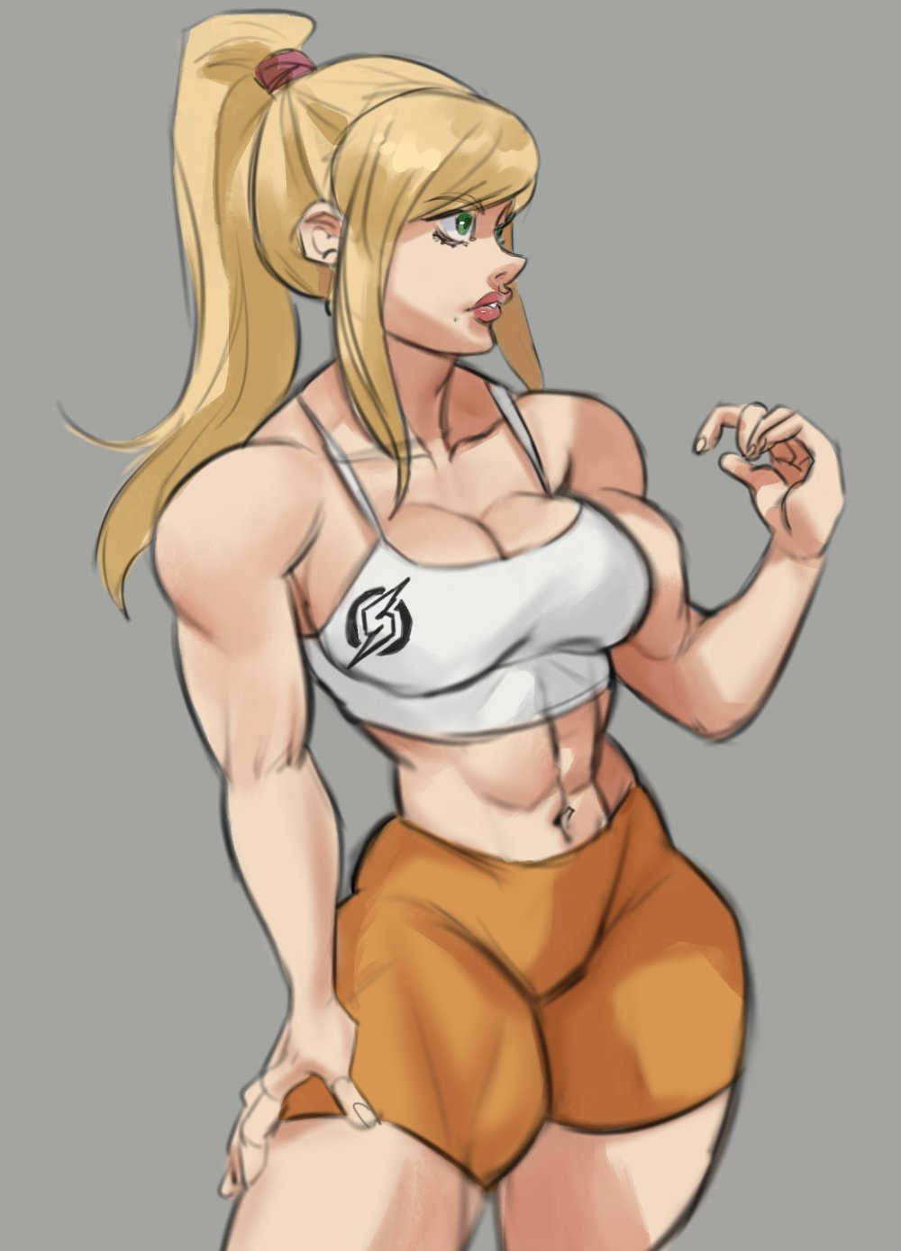 1girls abs biceps blonde_hair dlusional female female_only fit fit_female green_eyes grey_background hi_res long_hair metroid muscles muscular muscular_female nintendo pink_lips ponytail samus_aran solo sportswear