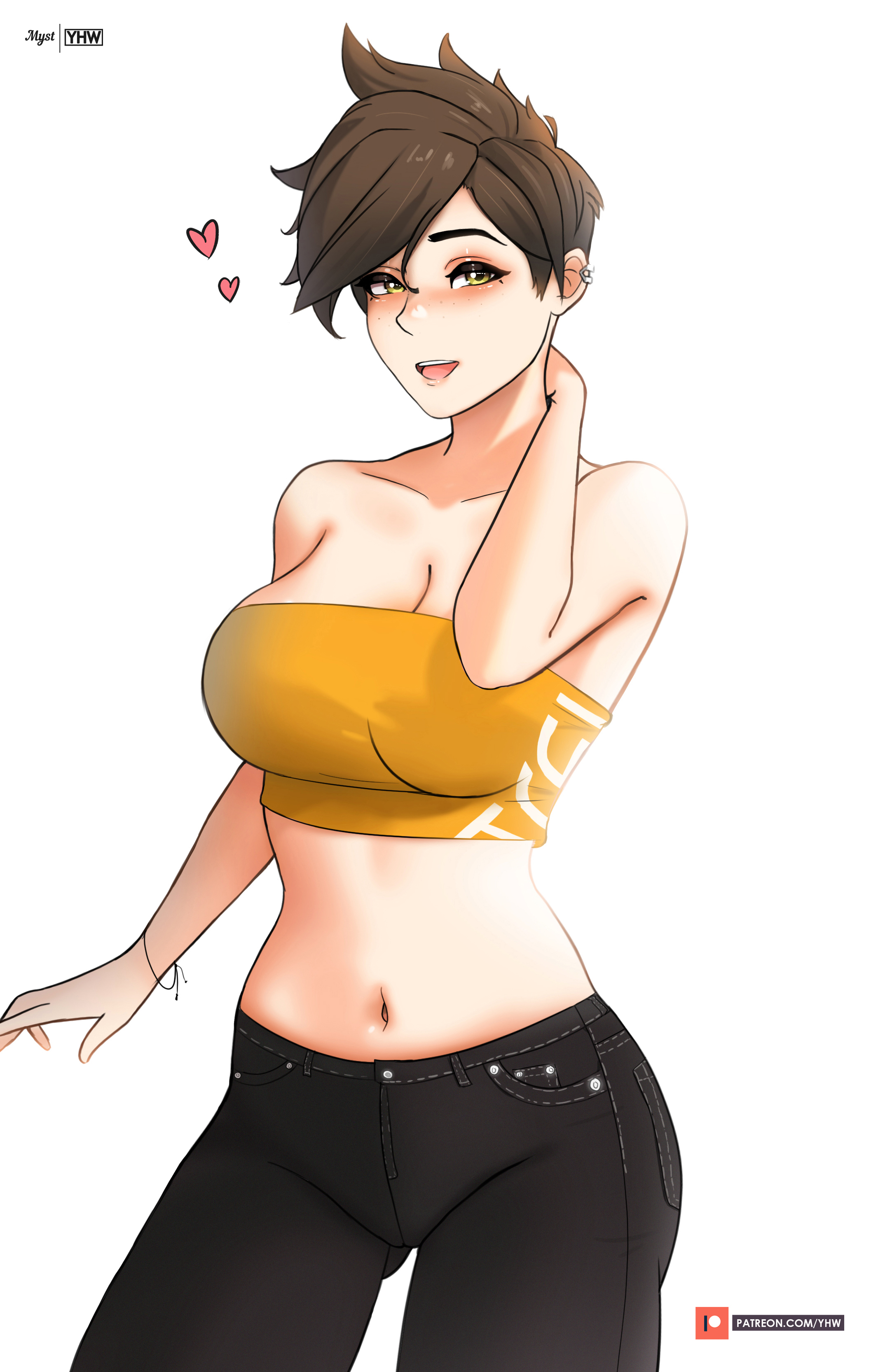 1girls, belly, belly button, blizzard entertainment, clothed, clothing, female, female only, jeans, light skin, light-skinned female, looking at viewer, myst, overwatch, smile, smiling, soft shading, solo, solo female, tracer, yhw