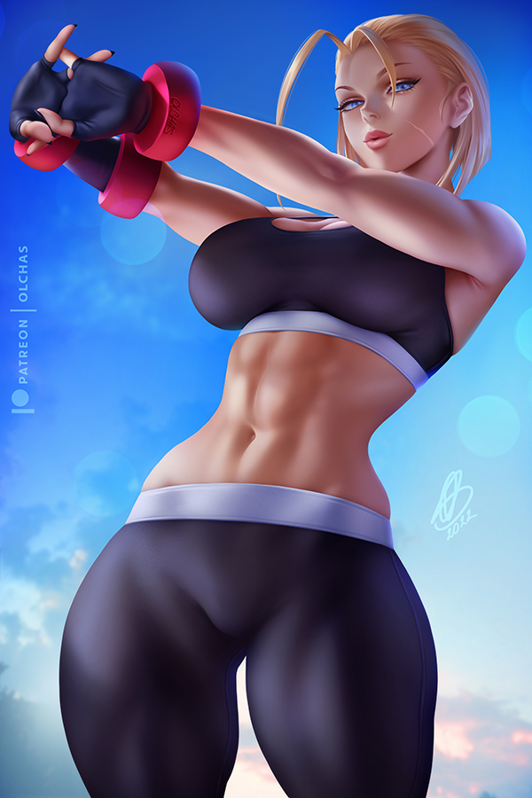 1girls, abs, alternate version available, belly, big breasts, black legwear, blonde hair, blue eyes, breasts, cammy white, capcom, female, female only, fit, fit female, fully clothed, looking at viewer, olchas, scar, short hair, solo, sports bra, standing, street fighter, street fighter 6