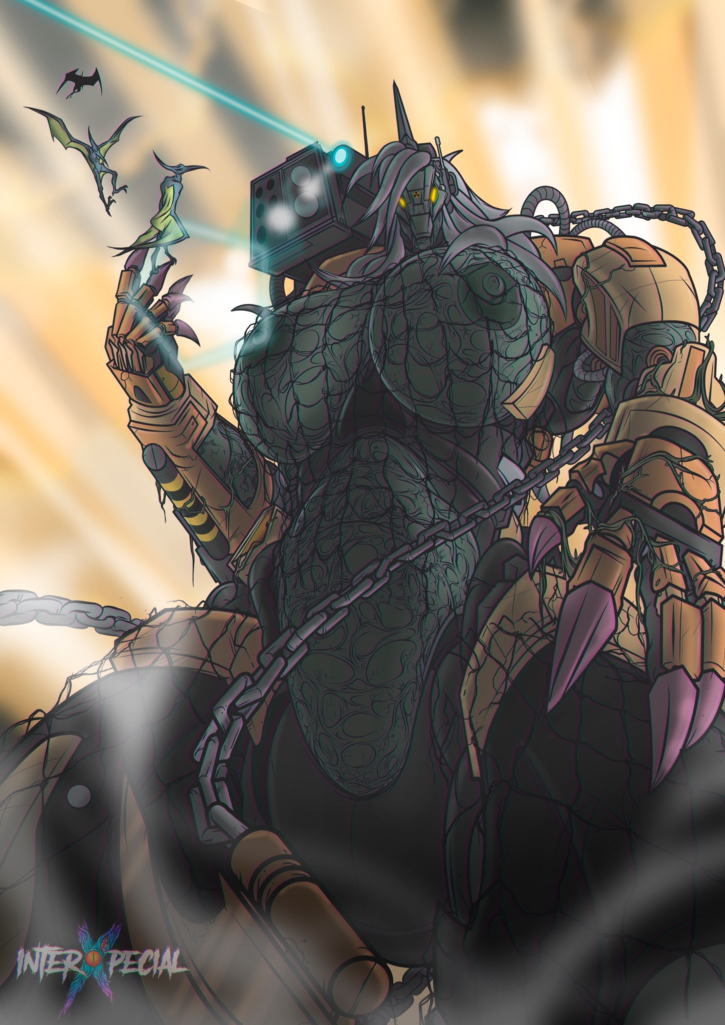 1girls, biomechanical, bionicle, female, female creature, giantess, interxpecial, lego, looking at viewer, looking down, monster girl, original character, solo, solo female, solo focus