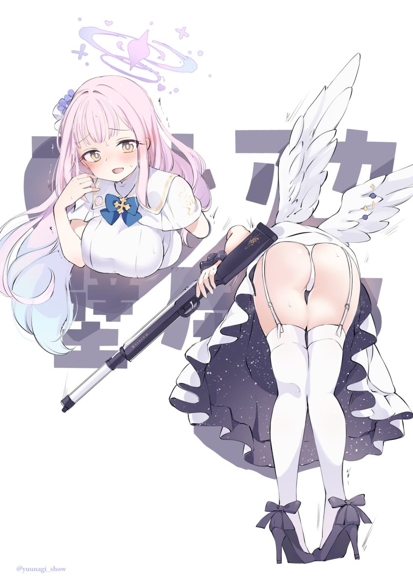 angel wings, aqua hair, ass, bangs, blue archive, blush, breasts, dress, embarrassed, feathered wings, female, garter straps, gradient hair, gun, hair ornament, halo, high heels, highres, holding, holding gun, holding weapon, large breasts, legs, long hair, looking at viewer, mika (blue archive), multicolored hair, multiple views, open mouth, orange eyes, panties, pink hair, purple footwear, simple background, struggling, stuck, stuck in wall, sweat, tea party (blue archive), thigh gap, thighhighs, through wall, trembling, trinity general school student, twitter username, underwear, upskirt, weapon, white background, white dress, white panties, white wings, wing ornament, wings, yuunagi show
