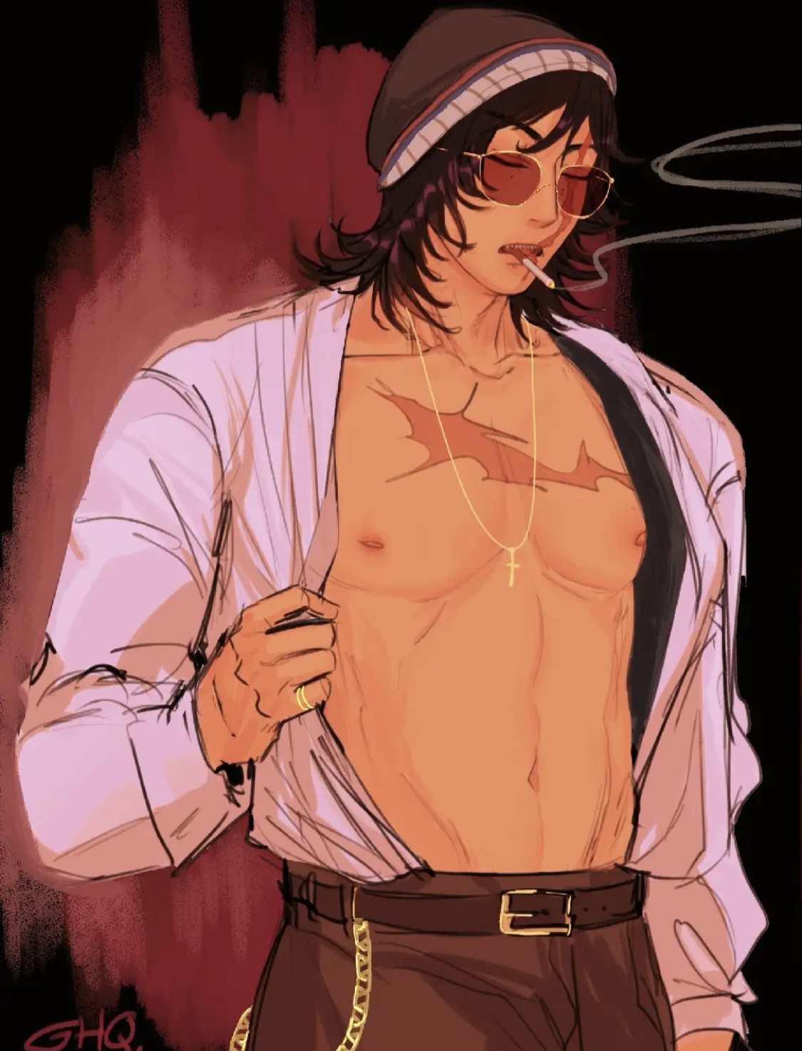 black hair, male, male focus, male only, qsmp, quackity, smoking