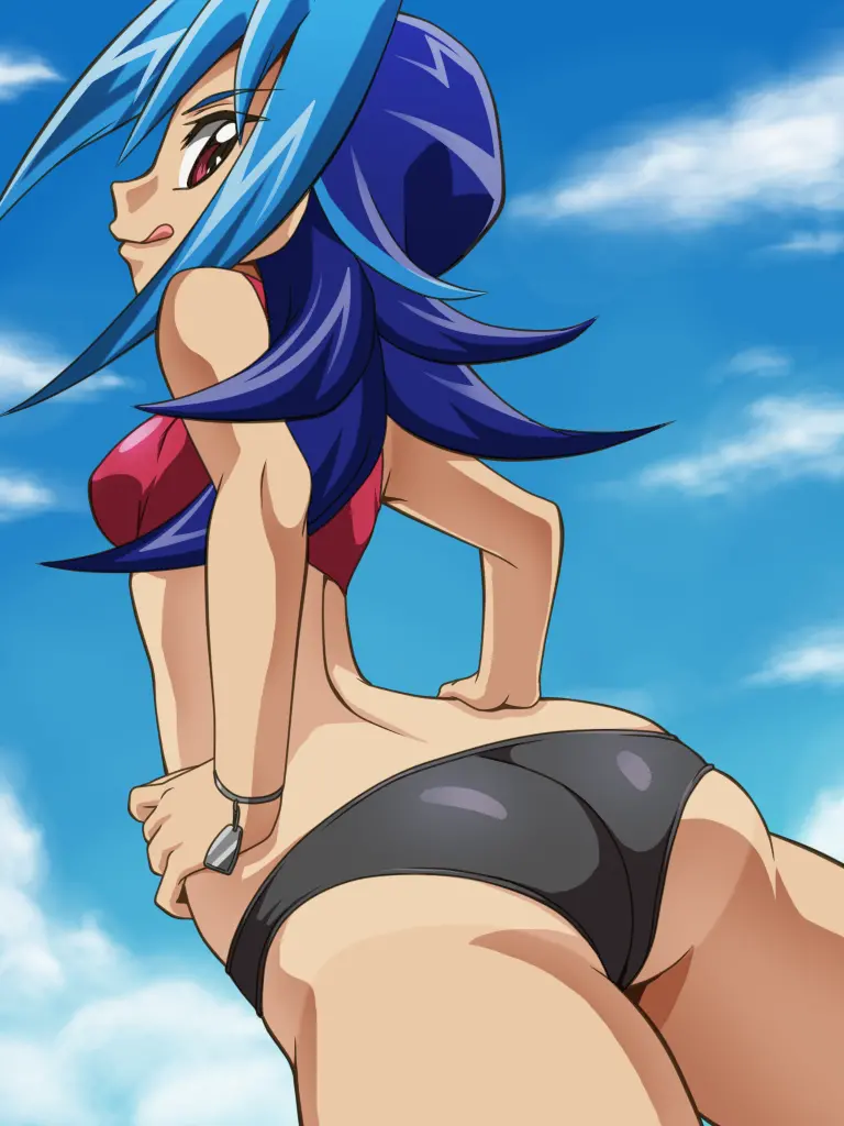 awa bikini blue_hair female kamishiro_rio looking_at_viewer looking_back red_eyes rio_kamishiro yu-gi-oh! yu-gi-oh!_zexal