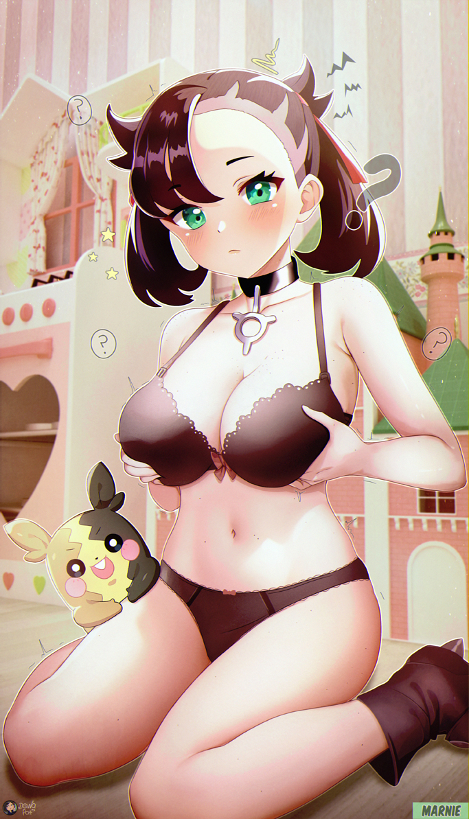 1girls black_bra black_hair black_panties blush bra breasts choker cleavage clothing dawa_pat female female_only green_eyes knees_together_feet_apart large_breasts lingerie looking_at_viewer marnie_(pokemon) matching_underwear navel nintendo pale-skinned_female pale_skin panties pokemon pokemon_ss solo traced traced_art twintails underwear underwear_only