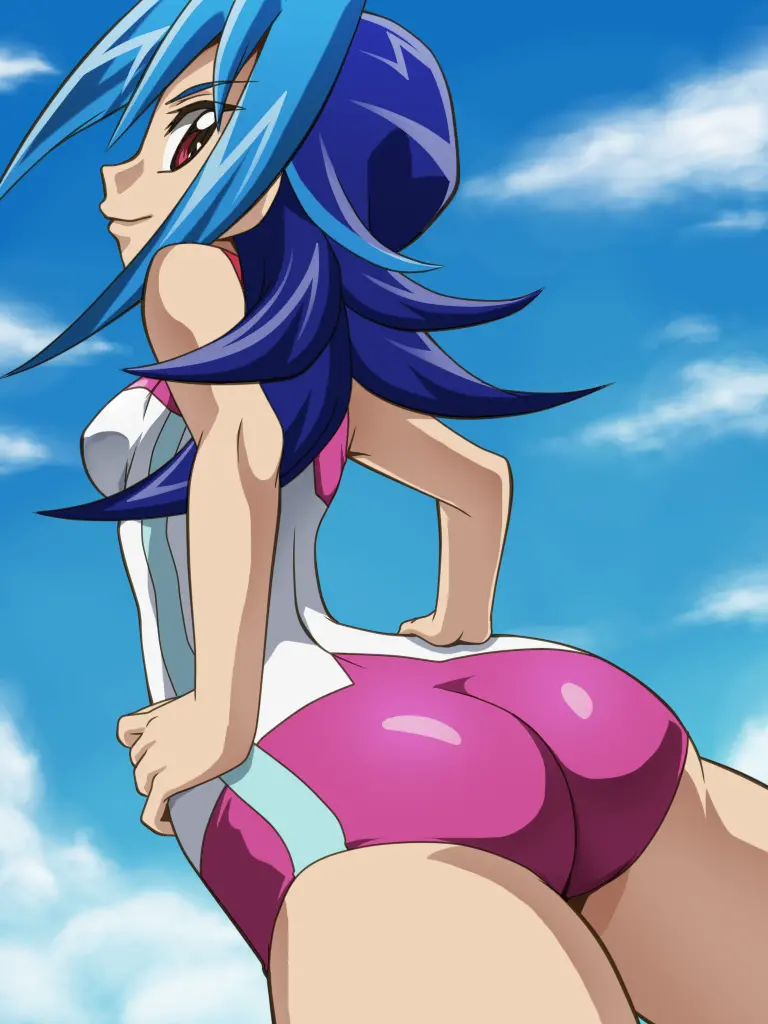 awa blue_hair female kamishiro_rio looking_at_viewer looking_back red_eyes rio_kamishiro swimsuit yu-gi-oh! yu-gi-oh!_zexal