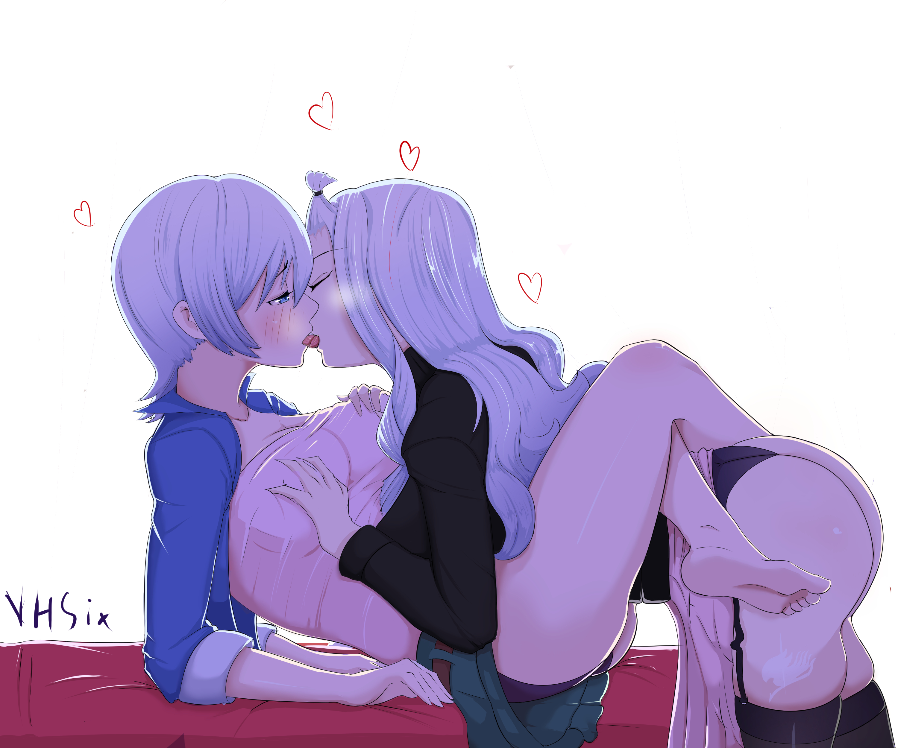 2girls, arched back, ass, barefoot, bed, bedding, bent over, big breasts, blue eyes, blue panties, blush, breast grab, breast squeeze, breasts, bubble ass, bubble butt, busty, closed eyes, clothed, clothed sex, clothing, fairy tail, fairy tail mark, feet, feet up, female, female focus, female only, fondling, fondling breast, french kiss, french kissing, groping, hand on breast, incest, jacket, kissing, large breasts, leg tattoo, legs, legs crossed, legs together, legs up, legwear, lesbian sex, light skin, light-skinned female, lisanna strauss, long hair, looking at partner, miniskirt, mirajane strauss, multiple females, multiple girls, narrowed eyes, no bra, on back, open clothes, open jacket, open mouth, open shirt, pale skin, pale-skinned female, panties, ponytail, short hair, short skirt, sisters, skirt, soles, source request, stockings, tattoo, tattoo on leg, tattoo on legs, tattooed leg, thigh tattoo, thighhighs, thighs, tied hair, toes, tongue, tongue out, vhsix, white hair, white tattoo, white-haired female, yuri