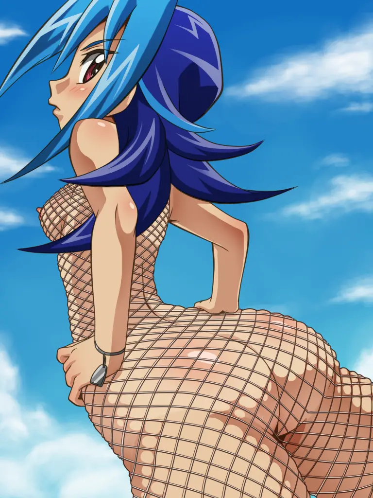 1girls ass ass_focus awa beach beach_background blue_hair female fishnets hi_res kamishiro_rio lingerie looking_at_viewer looking_back low-angle_view red_eyes rio_kamishiro solo yu-gi-oh! yu-gi-oh!_zexal