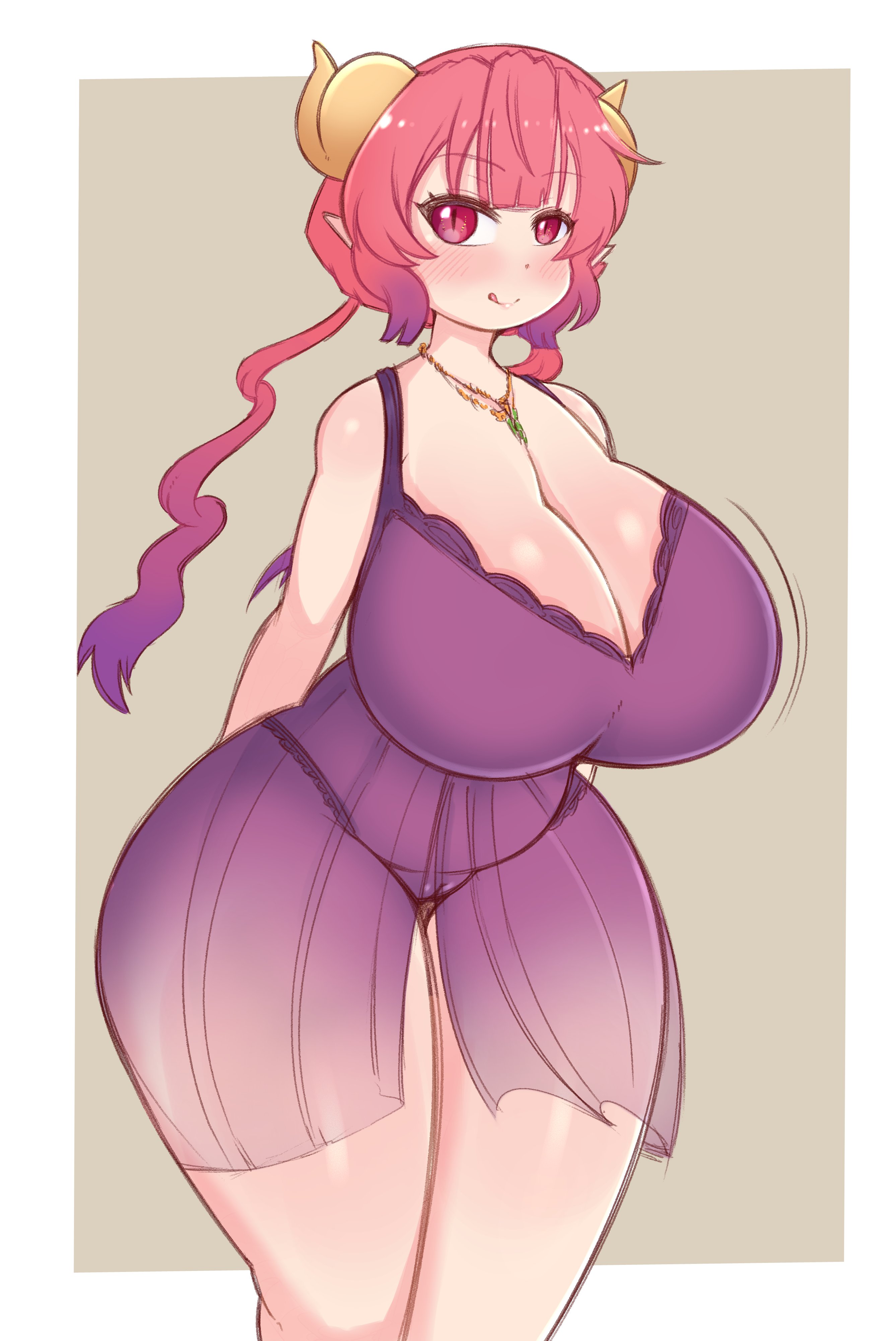 1girls, 2d, big breasts, blush, breasts, cameltoe, eye contact, female, female only, horns, huge breasts, human, human only, ilulu (dragon maid), kobayashi-san chi no maidragon, light skin, light-skinned female, looking at viewer, miss kobayashi's dragon maid, pale skin, pale-skinned female, pussy, red eyes, red hair, saltyxodium, smile, solo, standing, thick thighs, thong, voluptuous, wide hips