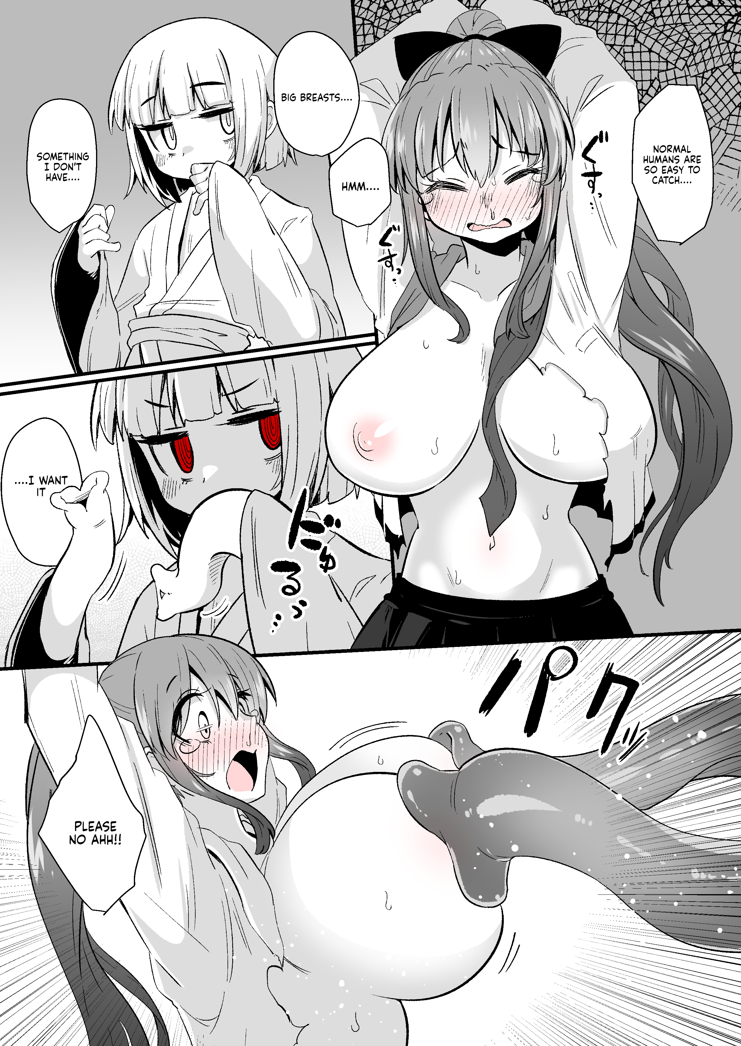 2girls, areola, arm over head, arms over head, attribute theft, big breasts, blush, breast envy, breast grab, breast reduction, breast sucking, breast theft, breasts, female, flat chested, groping breasts, hand over head, hands over head, hanging breasts, long hair, monochrome, ponytail, red eyes, ripped clothing, shocked expression, short hair, source request, speech bubble, suzunomoku, tears, tentacle, tentacle arms, tentacle on breast, text, translated