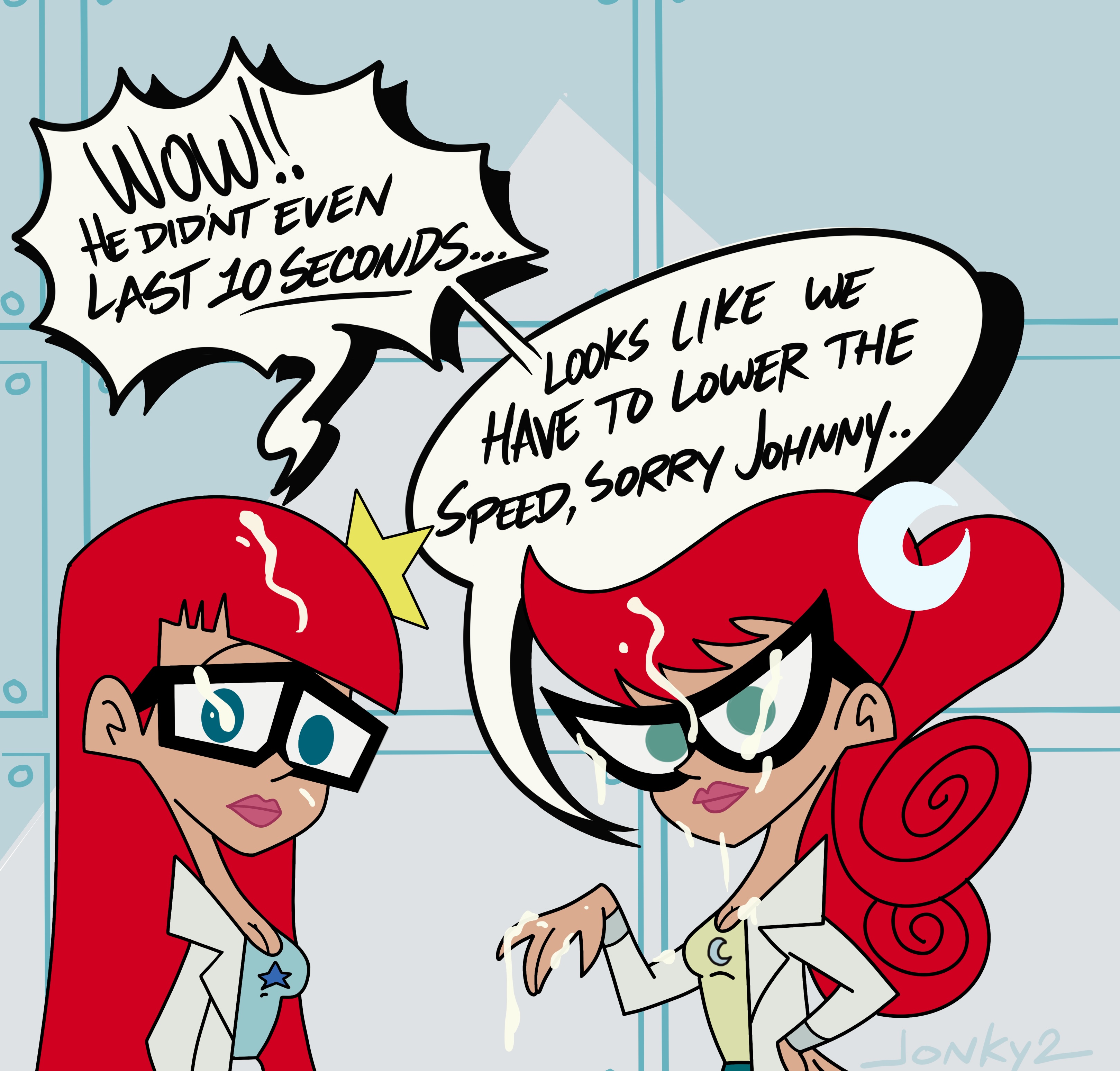 2girls, clothed, covered in cum, cum, cum in hair, cum on face, cumshot, dialogue, female, fully clothed, glasses, hair, johnny test (series), mary test, multiple females, multiple girls, red, speech bubble, susan test, test twins, text