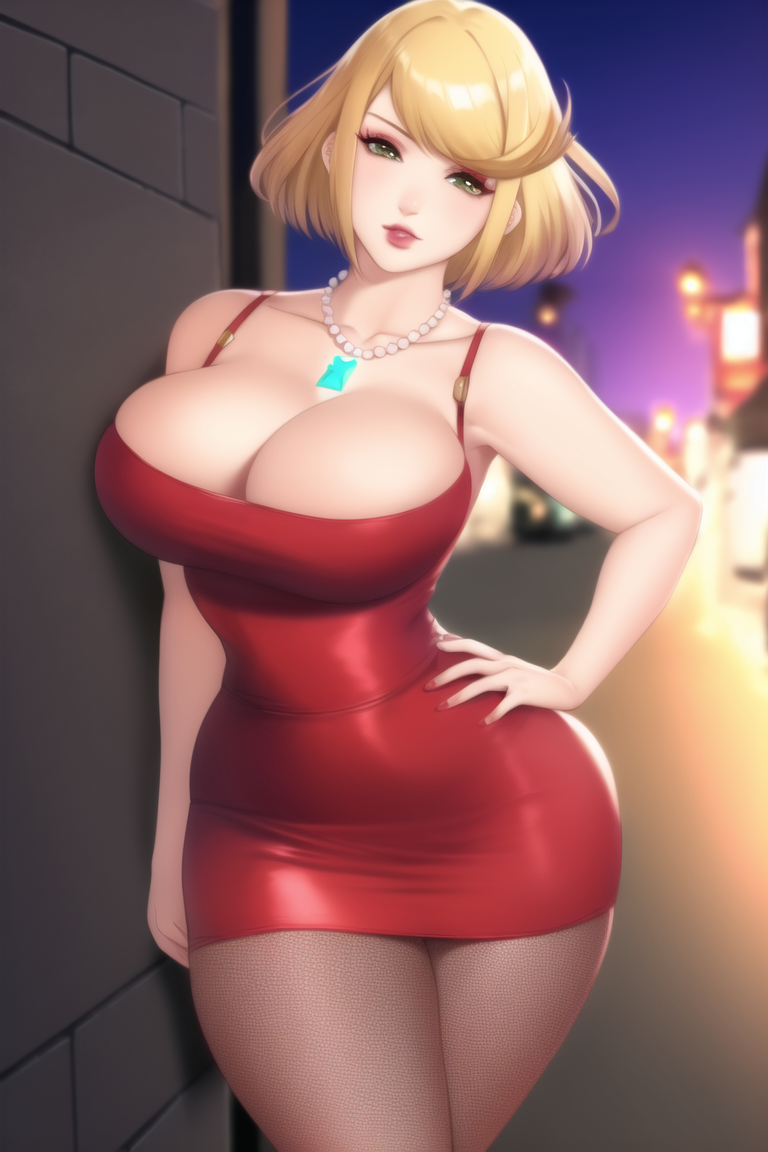 1girls ai_generated alley alternate_hair_color bimbo bimbofication blonde_hair cleavage corruption curvy dress eyelashes eyeshadow female female_only fishnet_legwear fishnets handbag large_breasts legwear lips microskirt nai_diffusion night pearl_necklace pencil_skirt prostitution pursed_lips pyra pyra_(xenoblade) red_dress revealing_clothes robofun short_dress slutty_outfit solo stable_diffusion sultry_eyes wide_hips xenoblade_(series) xenoblade_chronicles_2