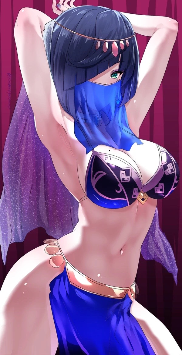 aqua_eyes belly_dancer belly_dancer_outfit big_breasts cleavage dancer_outfit face_veil genshin_impact harem_girl harem_outfit large_breasts loincloth mole_on_breast slave slave_collar slave_outfit slavegirl uenoryoma veil yelan_(genshin_impact)