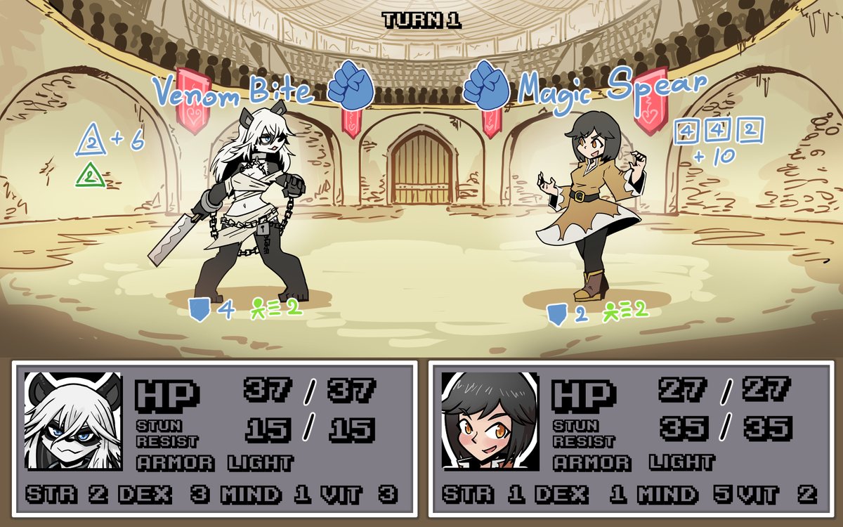 2girls battle black_hair chained_cuffs colosseum eyebrows_visible_through_hair g_(pigmasteroink) gameplay_mechanics health_bar hi_res high_quality holding_penis holding_weapon juztplay long_hair long_white_hair mage numbers open_mouth panda panda_ears panda_girl rachel_(xirtedak) rock_paper_scissors short_black_hair short_hair text trpg white_hair