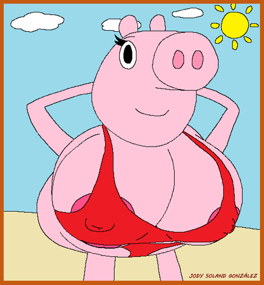 2022 anthro anthro_only areola areolae_visible_through_clothing ass beach beach_background big_areola big_ass big_breasts big_nipples breasts fat_nipples furry furry_only mammal meme microsoft_paint nipples nipples_visible_through_clothing peppa_pig peppa_pig_(character) pig pink_body pink_skin solandgamer75 watermark what