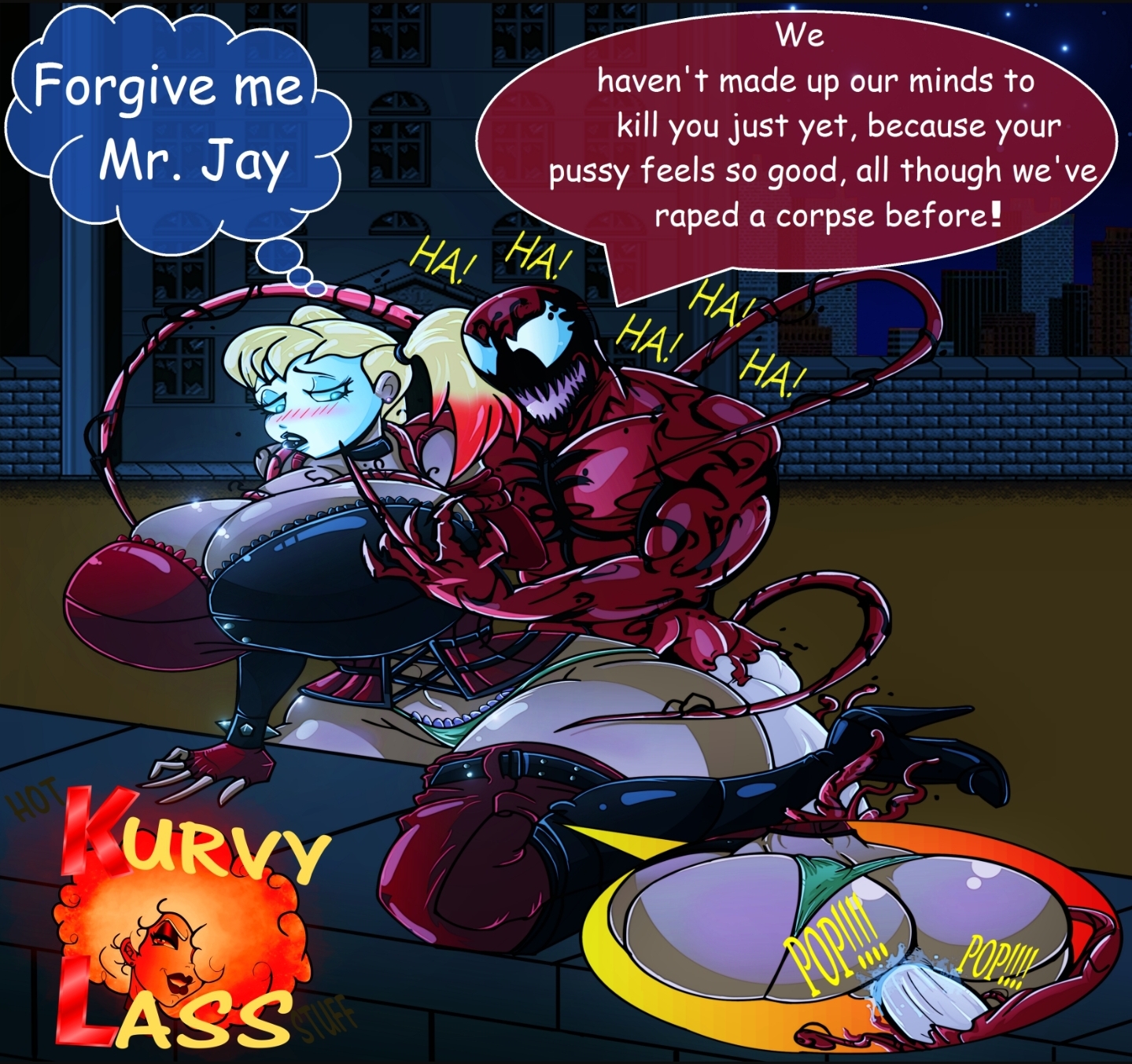 1boy, 1girls, 2022, artist logo, batman (series), batman: arkham knight, big breasts, breasts, breasts bigger than head, carnage (marvel), clown, crossover, dc, dc comics, female, gigantic breasts, green panties, harley quinn, huge breasts, kurvylass, male, marvel, marvel comics, night, rape, spider-man (series), straight, straight hair, symbiote