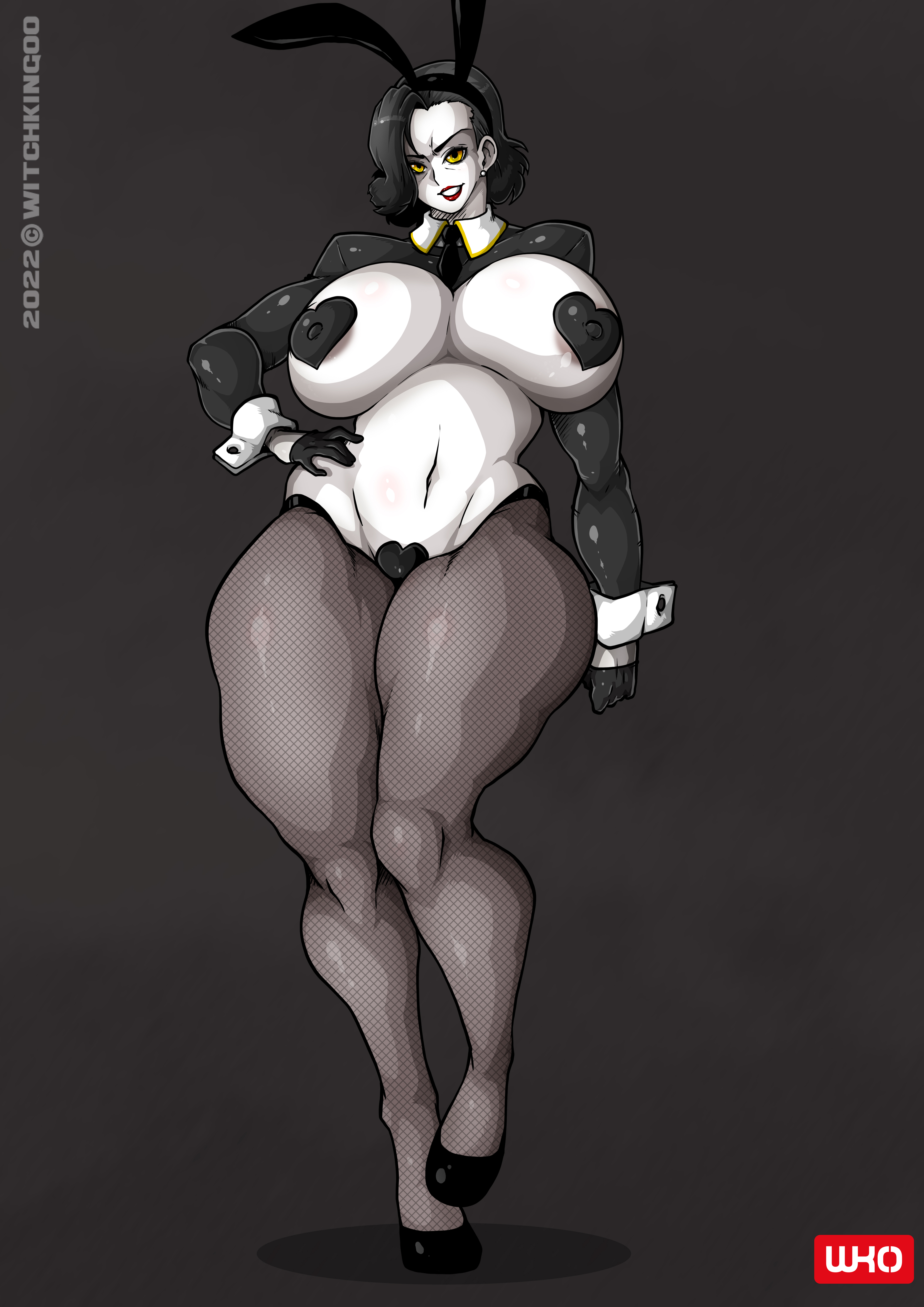 1girls, alcina dimitrescu, big breasts, black hair, breasts, bunny girl, cleavage, costume, female, huge breasts, legs, light skin, milf, mutant, resident evil, resident evil 8: village, solo, vampire, voluptuous, watermark, witchking00, yellow eyes