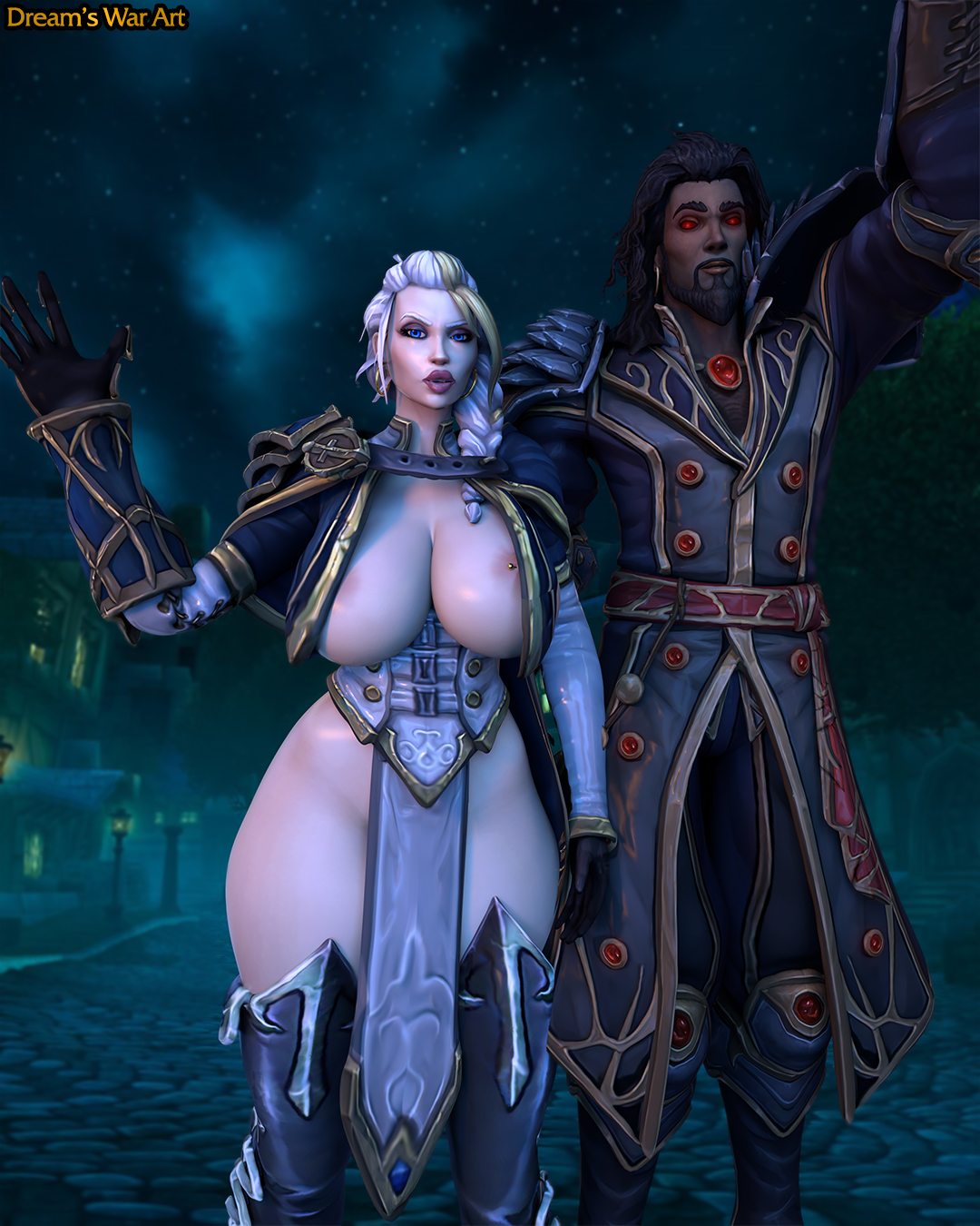 3d, 3d (artwork), age difference, ass, ass focus, bimbo, bimbo lips, blizzard entertainment, breasts, cheating, cleavage, cleavage cutout, cuckold, dark skin, dark-skinned male, dreamswarart, fantasy, female, jaina proudmoore, large ass, large breasts, light skin, light-skinned female, male, netorare, nipple piercing, nipples, ntr, older female, pale skin, pale-skinned female, piercing, public, public nudity, secretly loves it, sideboob, thick thighs, warcraft, white hair, world of warcraft, wrathion, younger male